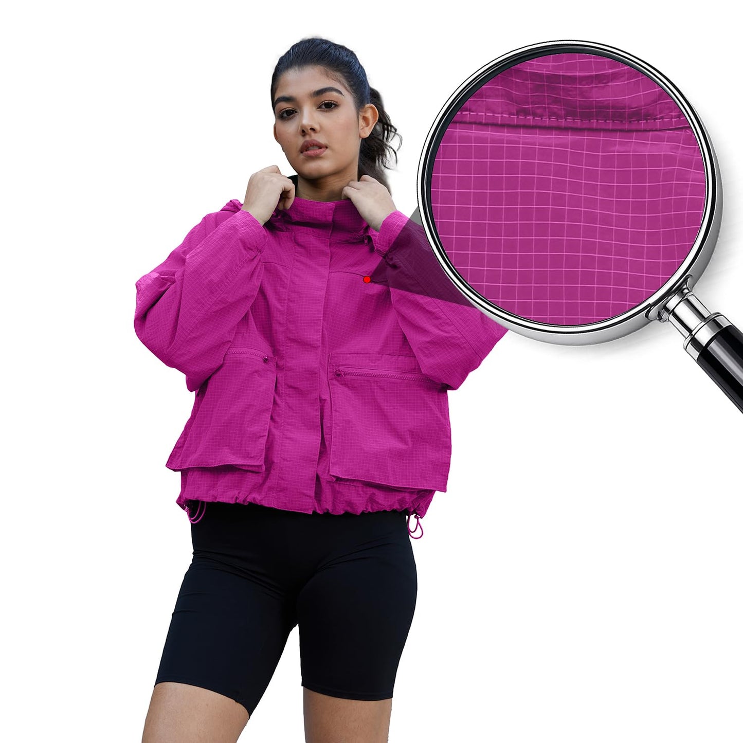 PESION Packable Rain Jacket Women Lightweight Waterproof Raincoat with Hood Cycling Biker Jackets, Hot Pink, Large