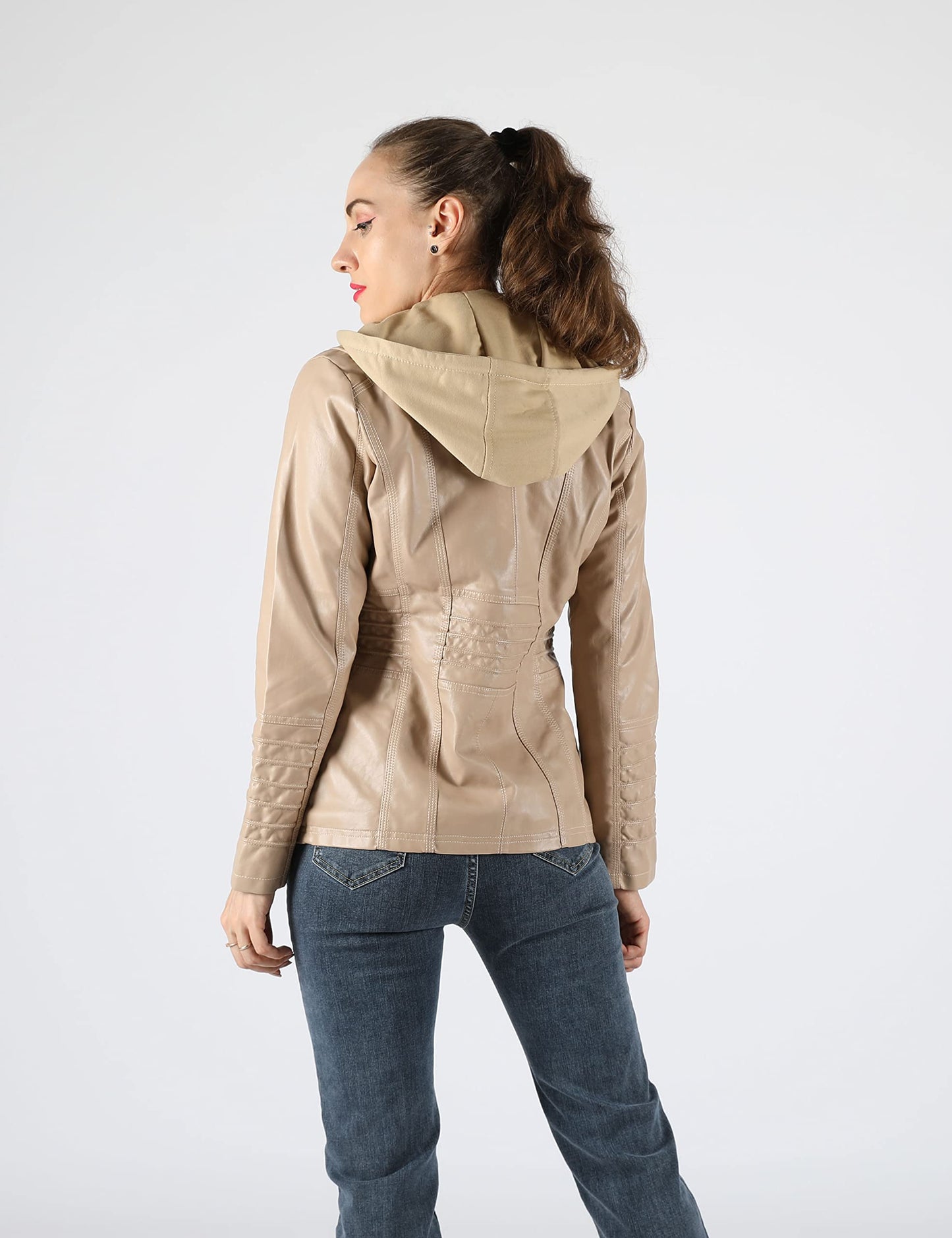 Tanming Womens Faux Leather Jacket Hooded Moto Biker Coat Outerwear Fall Fashion Outfits Winter Clothes