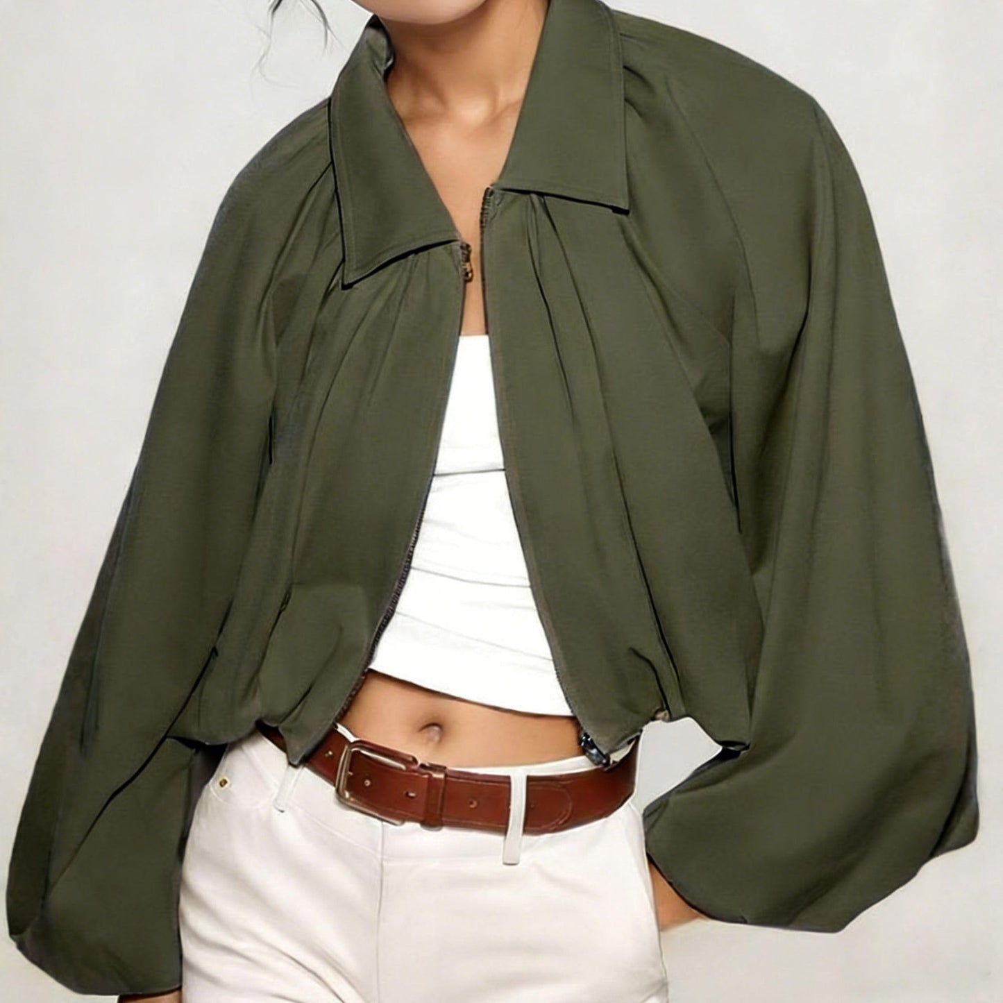 Chevara Women’s Puffed Sleeve Bomber Jacket Trendy Lapel Collar Zip Up Cropped Loose Fit Spring Fall Pleated Shirt(0345-Green-S-CW)