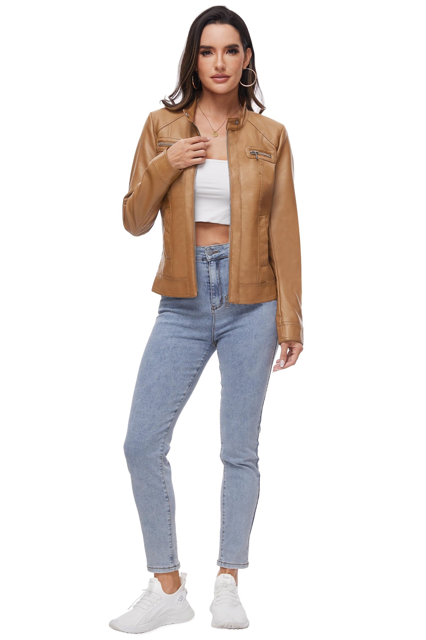 Fahsyee Women's Faux Leather Jackets, Zip Up Motorcycle Short PU Moto Biker Outwear Stand Collar Coat Size L Camel