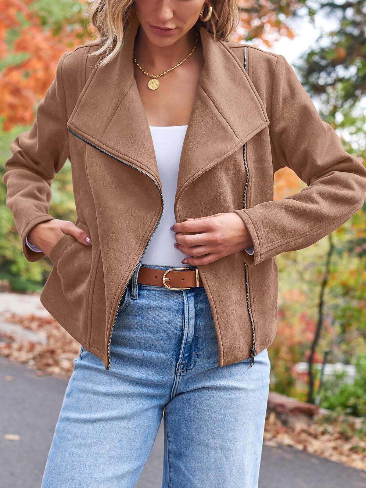 AUTOMET Women's Faux Suede Leather Jacket Cropped Open Front Cardigan Buttery Soft Lightweight Fall Coat Camel S