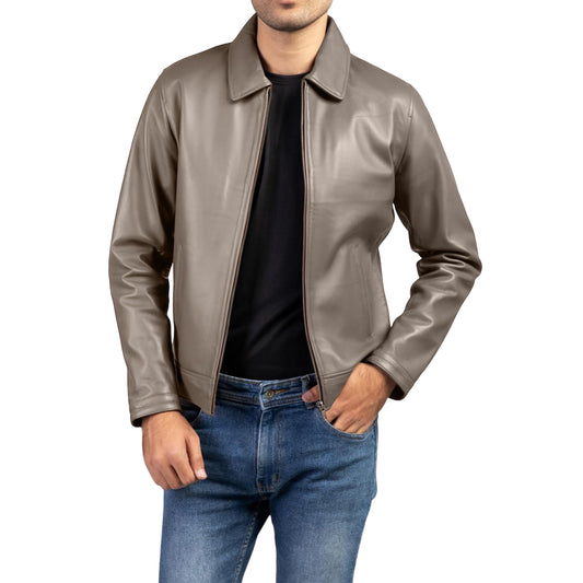 Jild Polo Collar Premium Leather Jacket Men - Old School Classic Style Everyday Wear Real Lambskin Mens Leather Jacket (Polo-Grey-M)