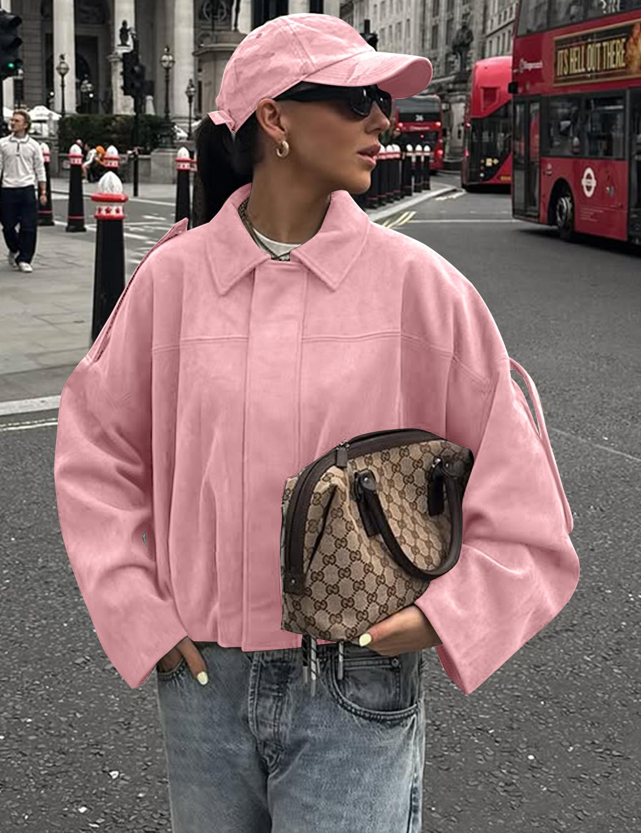 Kissonic Womens Faux Suede Bomber Jacket Oversized Batwing Long Sleeve Zip Up Cropped Coat Streetwear(Pink-L)