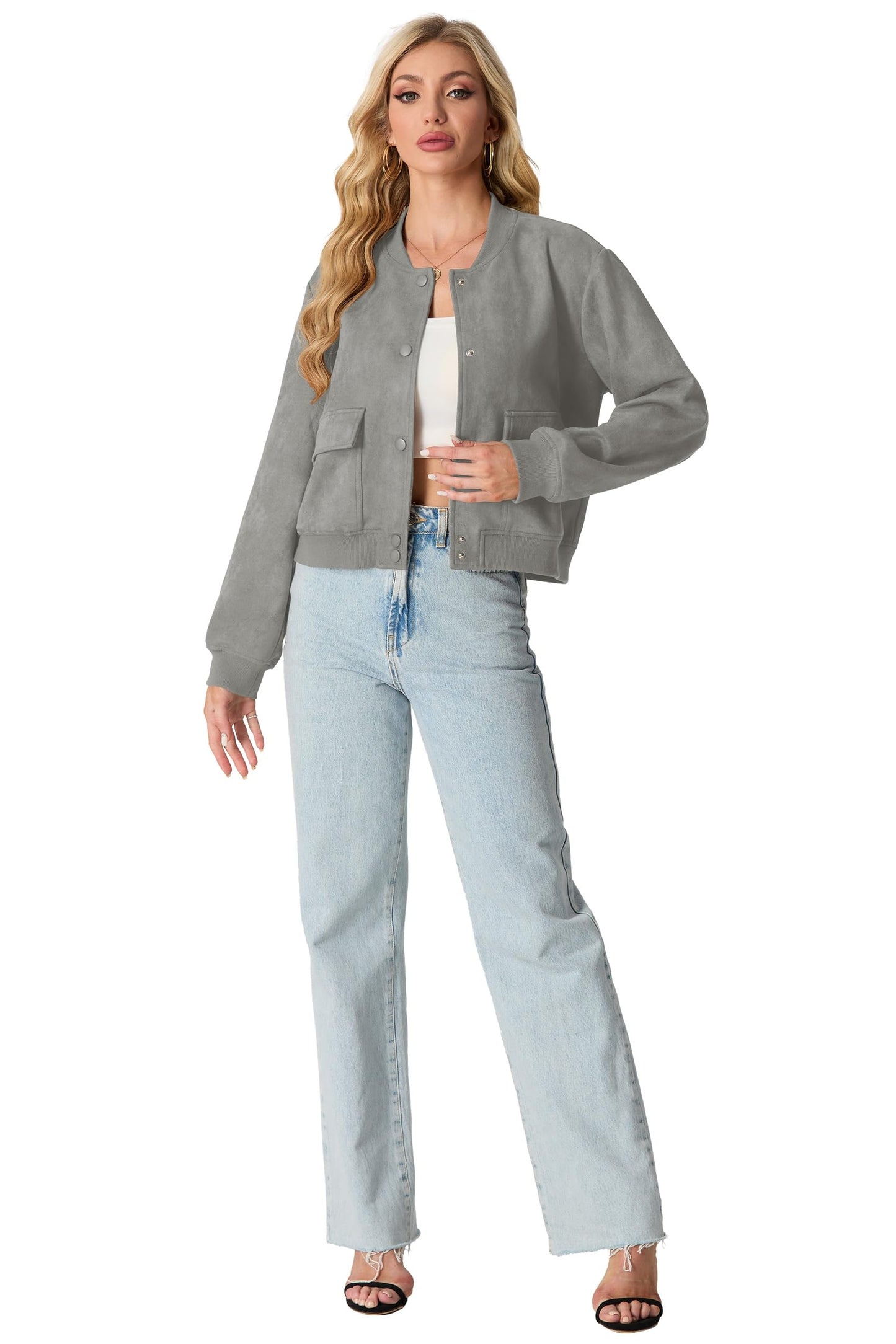 GRECERELLE Womens Bomber Jacket Cropped Button Down Varsity Jacket Long Sleeve Casual Outwear With Pockets (Grey, Medium)