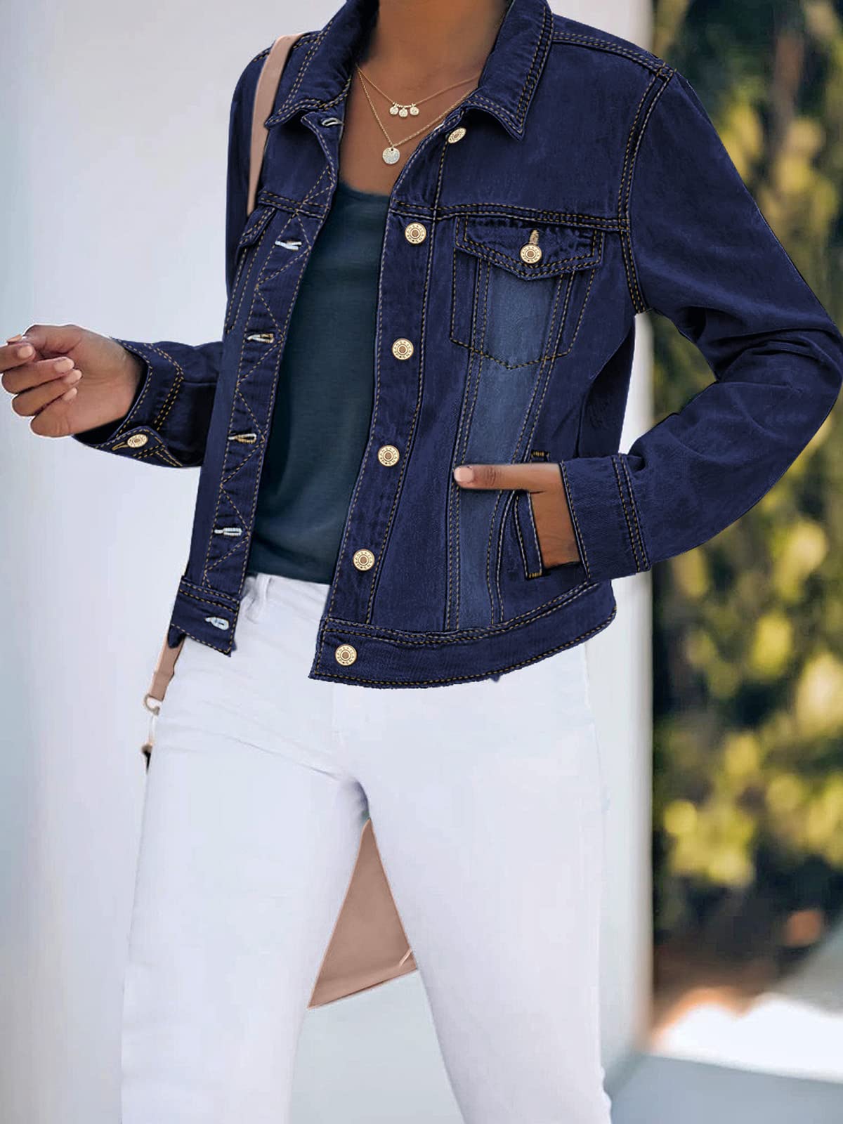 luvamia Women's Basic Button Down Stretch Fitted Long Sleeves Denim Jean Jacket Deep Blue Size Medium