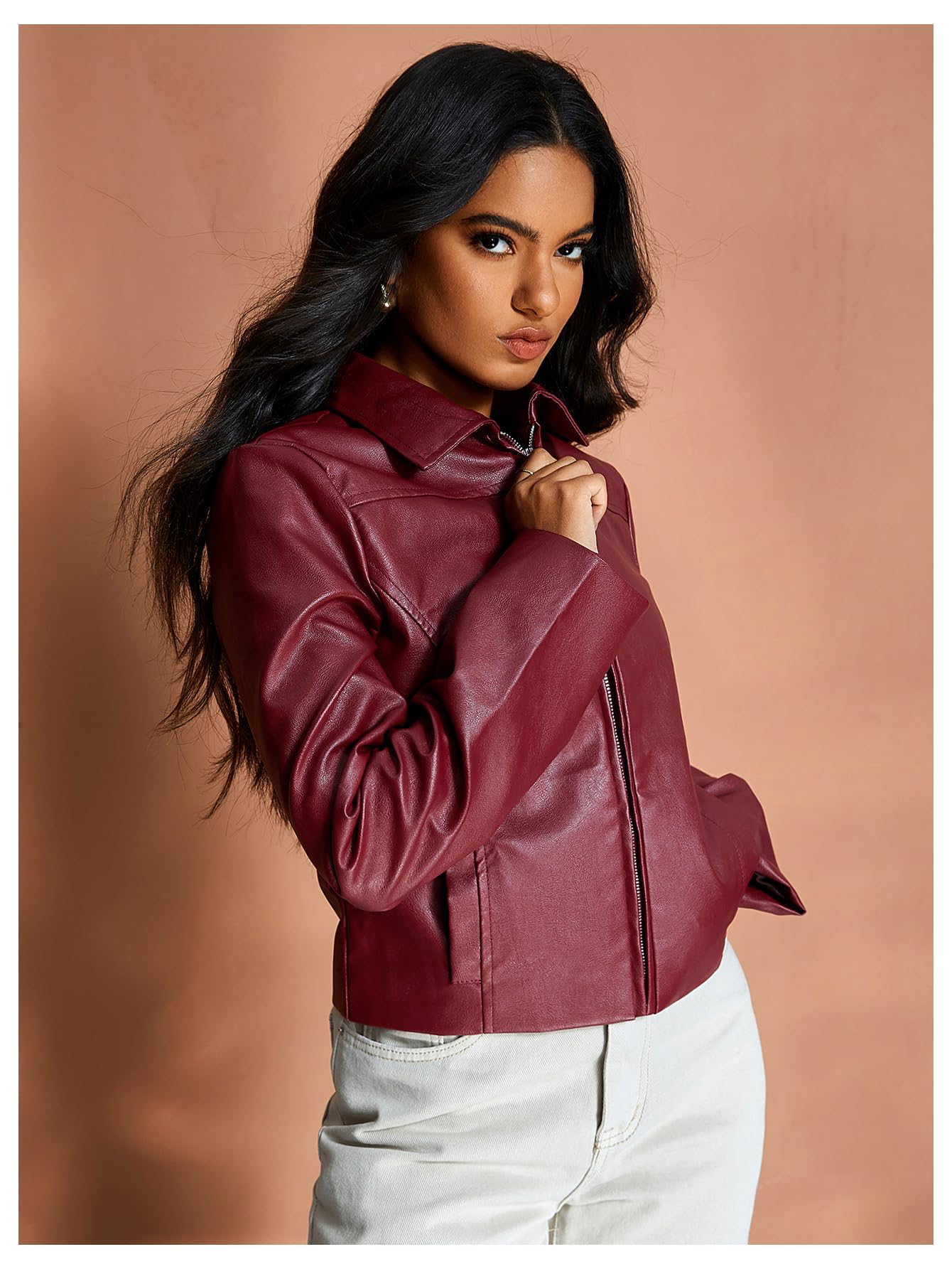 MakeMeChic Women's Crop Faux Leather Jacket Vintage Long Sleeve Collar Zip Up Biker Motorcycle Jackets Coats Burgundy Small
