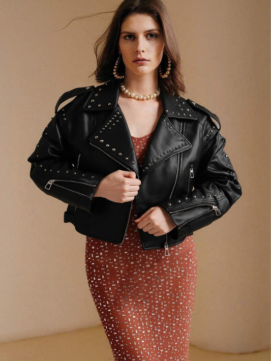 Bellivera Women's Cropped Faux Leather Jacket Bomber PU Moto Coat Black 3L