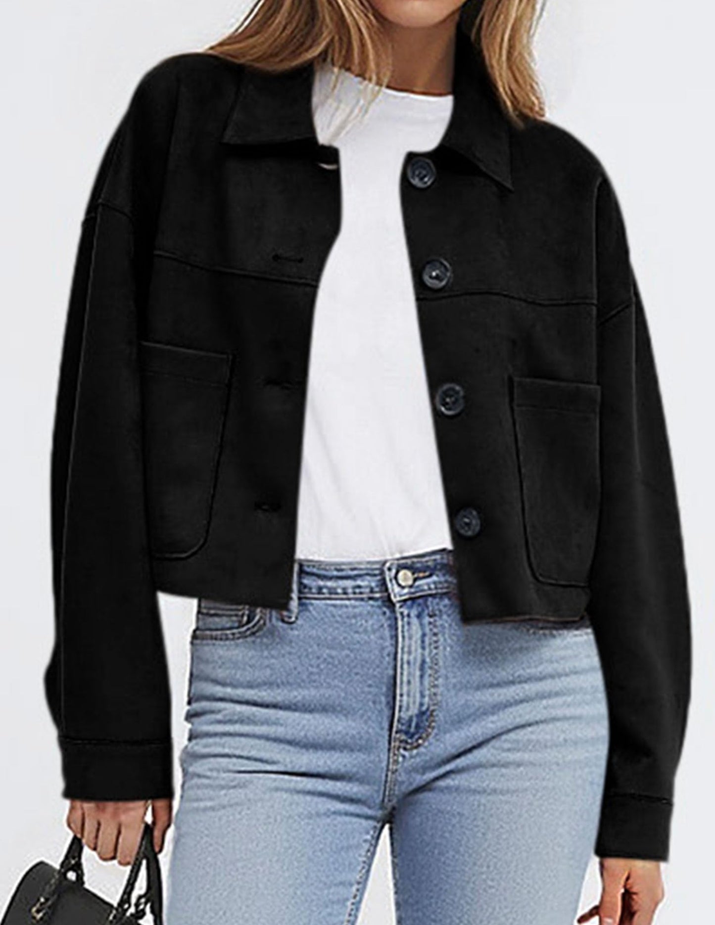 PRETTYGARDEN Women's Faux Suede Cropped Jacket Casual Lightweight Fall Fashion 2026 Winter Coats Outerwear Trendy Clothes (Black,Medium)