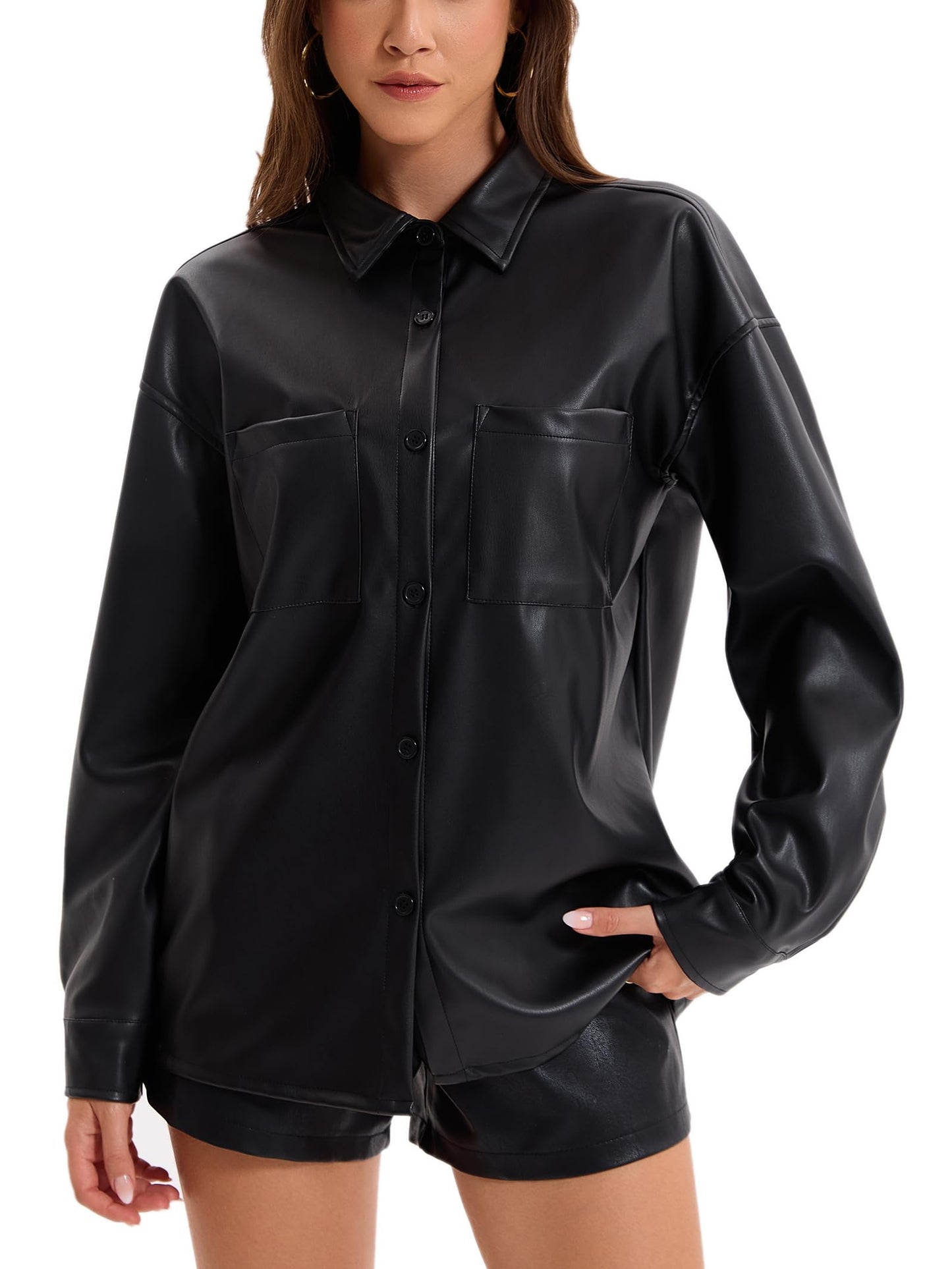 Haianguoji Women's Faux Leather Button-Down Shirt Jacket Lightweight Long Sleeve PU Blouse Shacket Tops (Black, XXL)