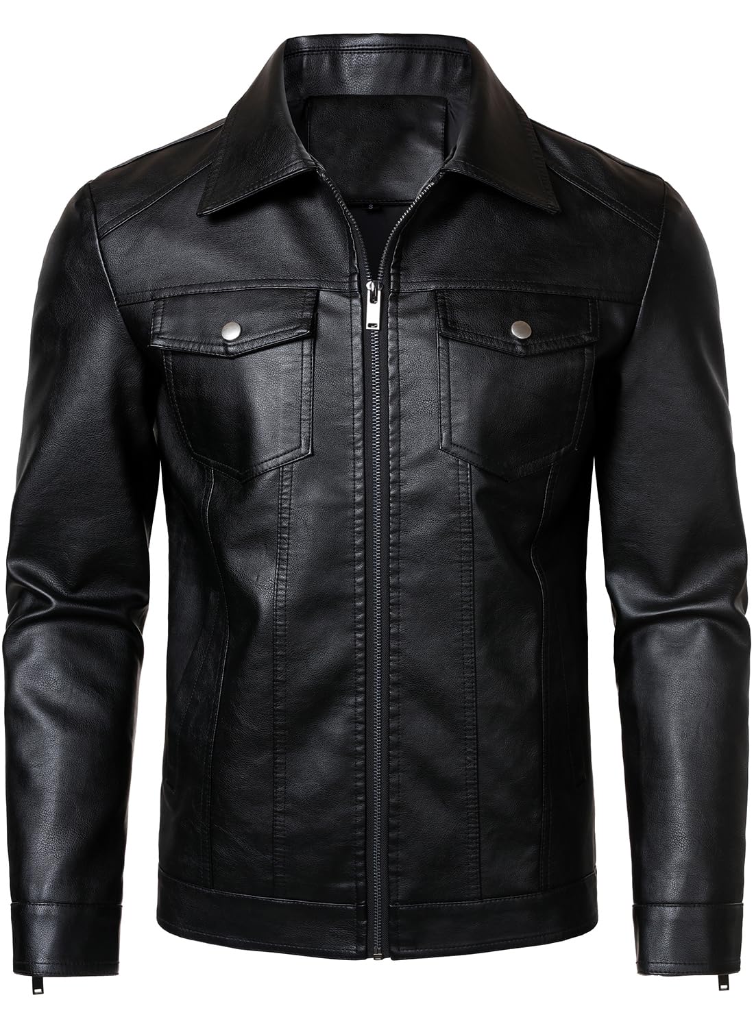 HOOD CREW Mens Leather Jacket Motorcycle Biker Jackets Casual Lightweight Faux Leather Outwear Black L