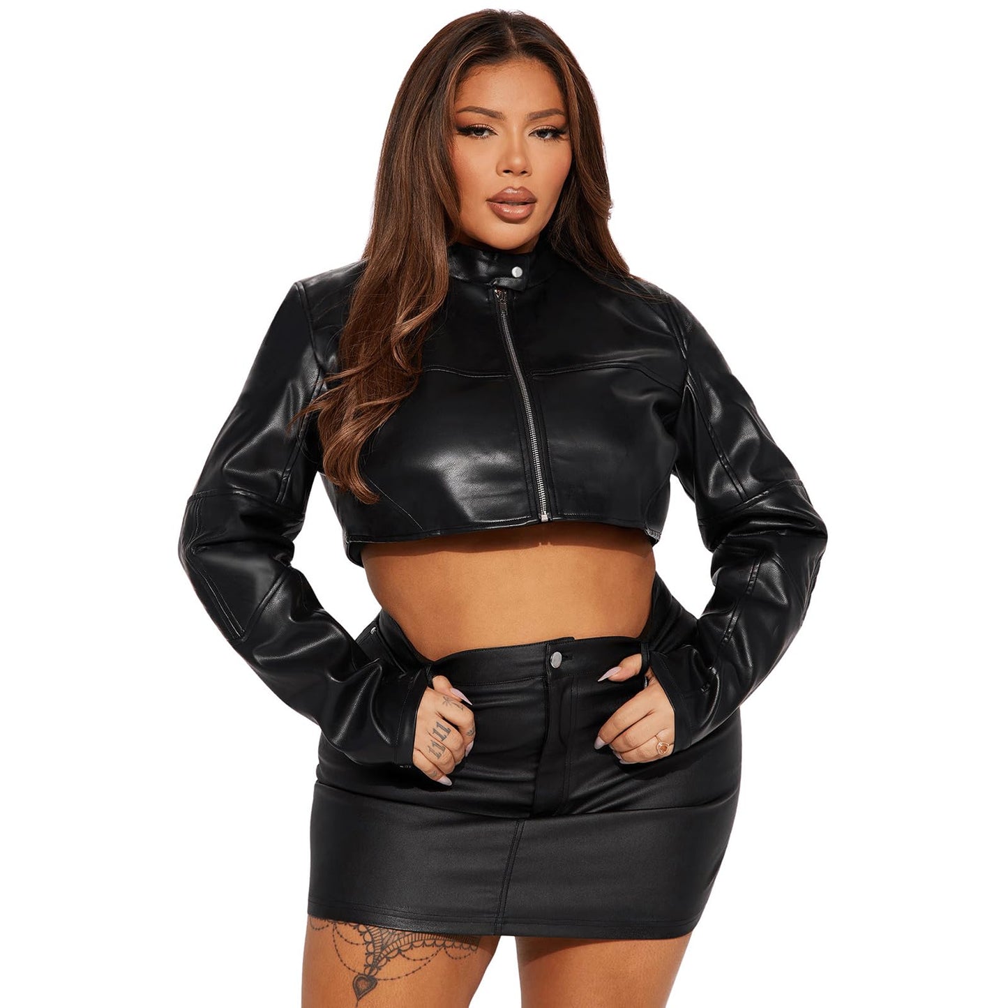 Charyeah Women's Fashion Faux Leather Jacket Crop Short Cropped PU Slim Zip Up Moto Biker Coat Motorcycle Jackets Coat (US, Alpha, Small, Regular, Regular, Black)