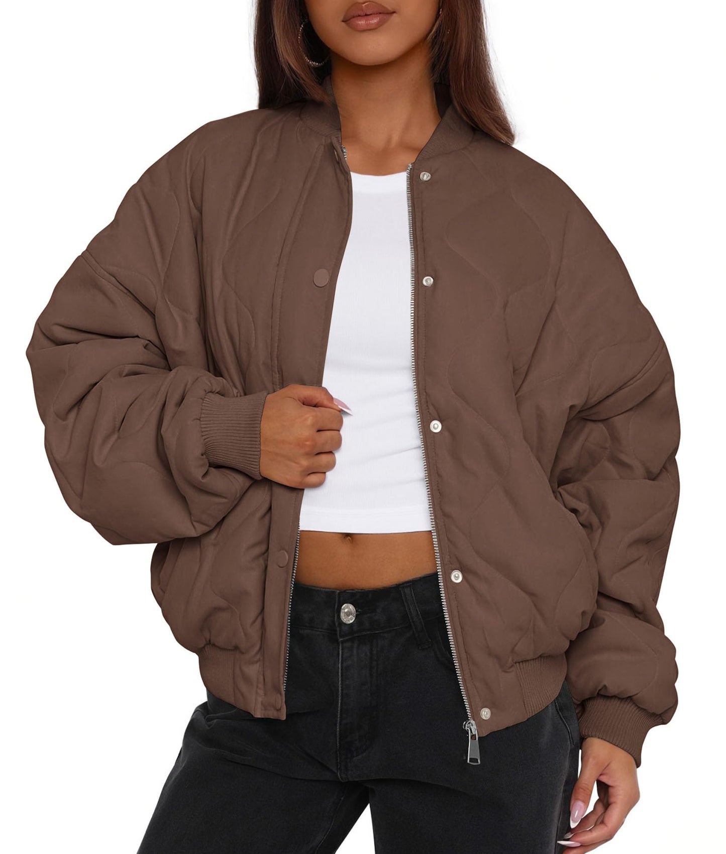 PRETTYGARDEN Women's Quilted Bomber Jacket Fall Fashion 2026 Lightweight Cropped Zip up Outerwear Winter Puffer Coats Pockets (Brown,Large)