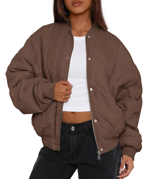 PRETTYGARDEN Women's Quilted Bomber Jacket Fall Fashion 2026 Lightweight Cropped Zip up Outerwear Winter Puffer Coats Pockets (Brown,Large)