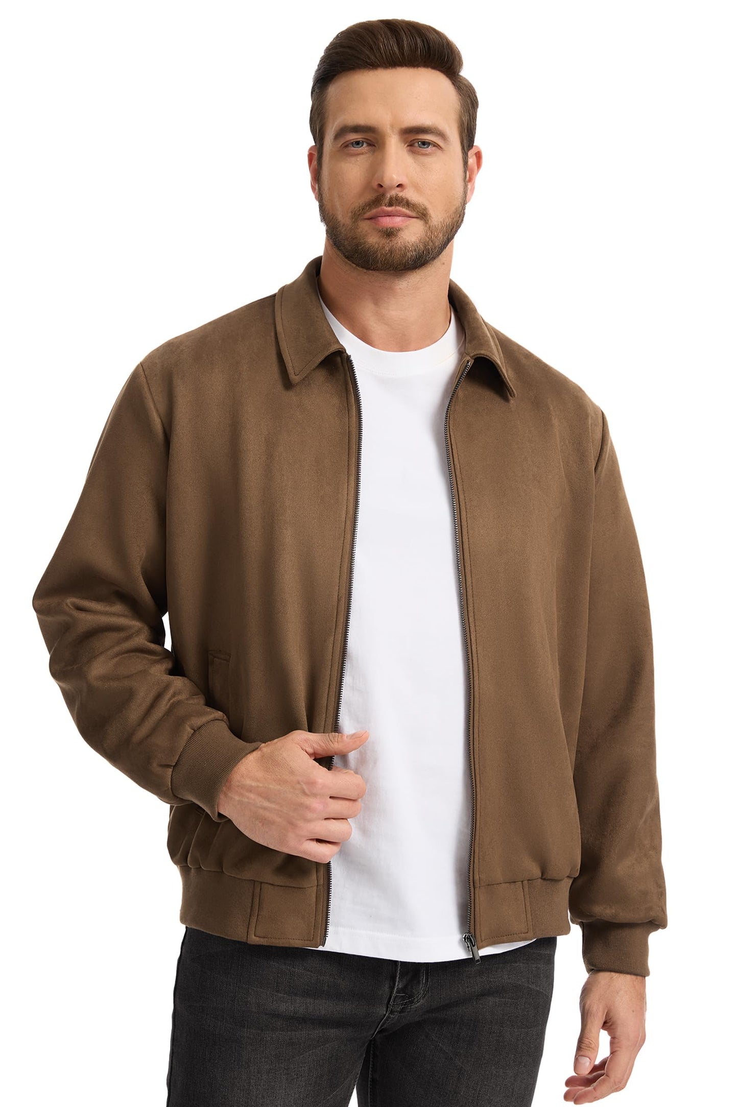 Fahsyee Men's Faux Suede Bomber Jacket Casual Stylish Outwear, Lightweight Vintage Coat With Full Zipper Brown XXL