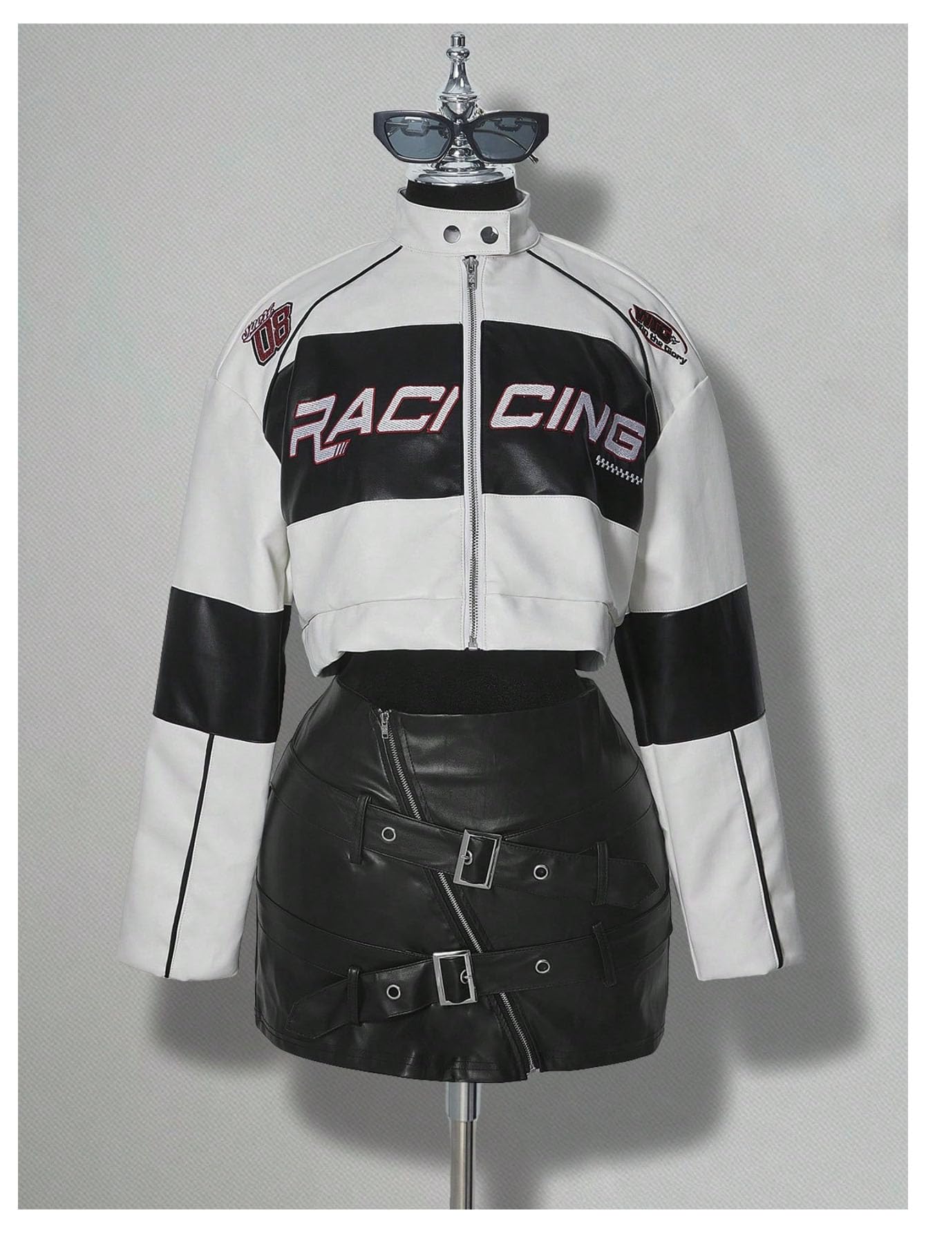 SOLY HUX Women's Faux Leather Zip Up Crop Jackets Graphic Long Sleeve Shirts Motorcycle Outerwear White Black Graphic Medium