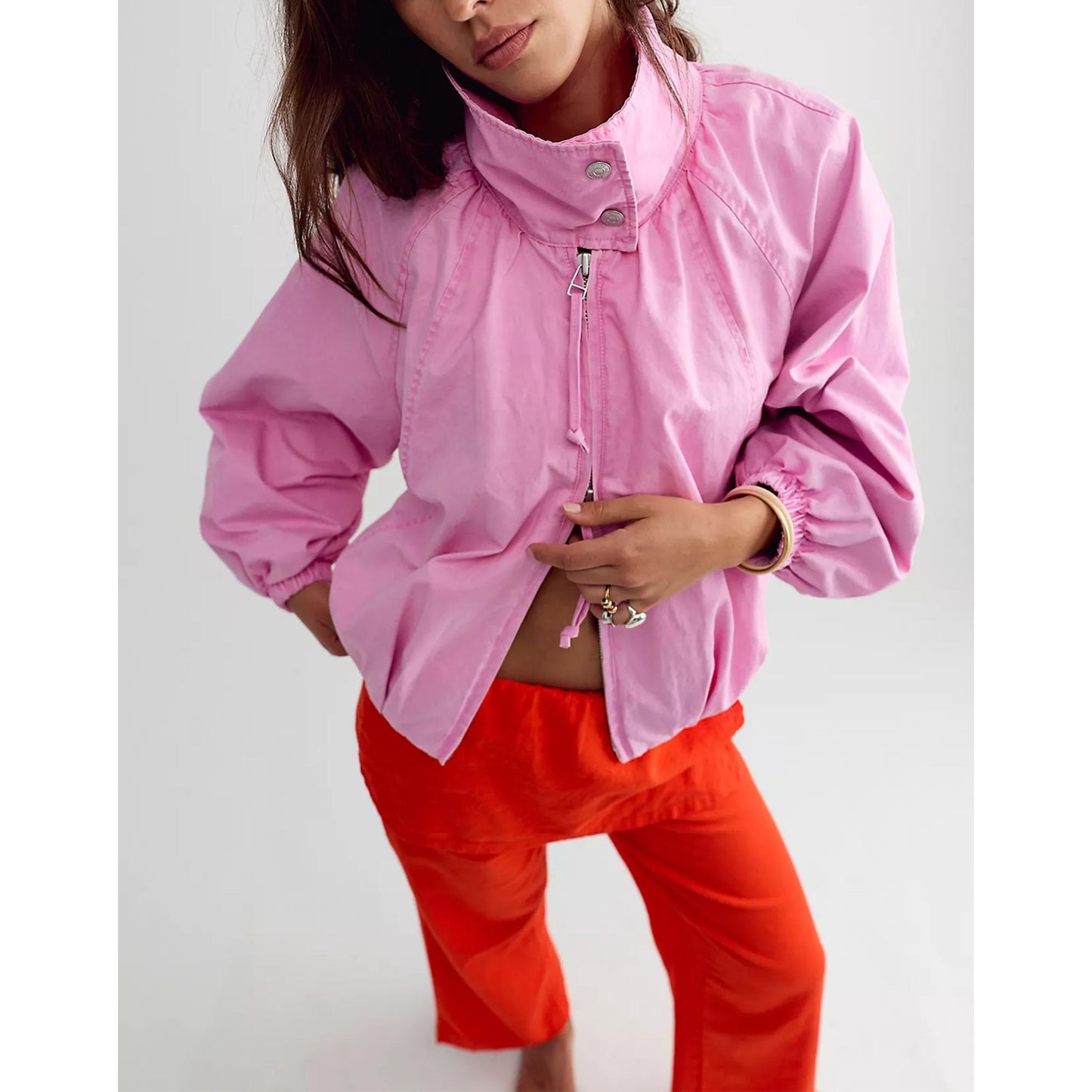 Yaykio Women Oversized Bomber Jacket Funnel Neck Zip Up Batwing Sleeve Fall Outerwear Coats Casual Outfits with Pockets(Pink,L)
