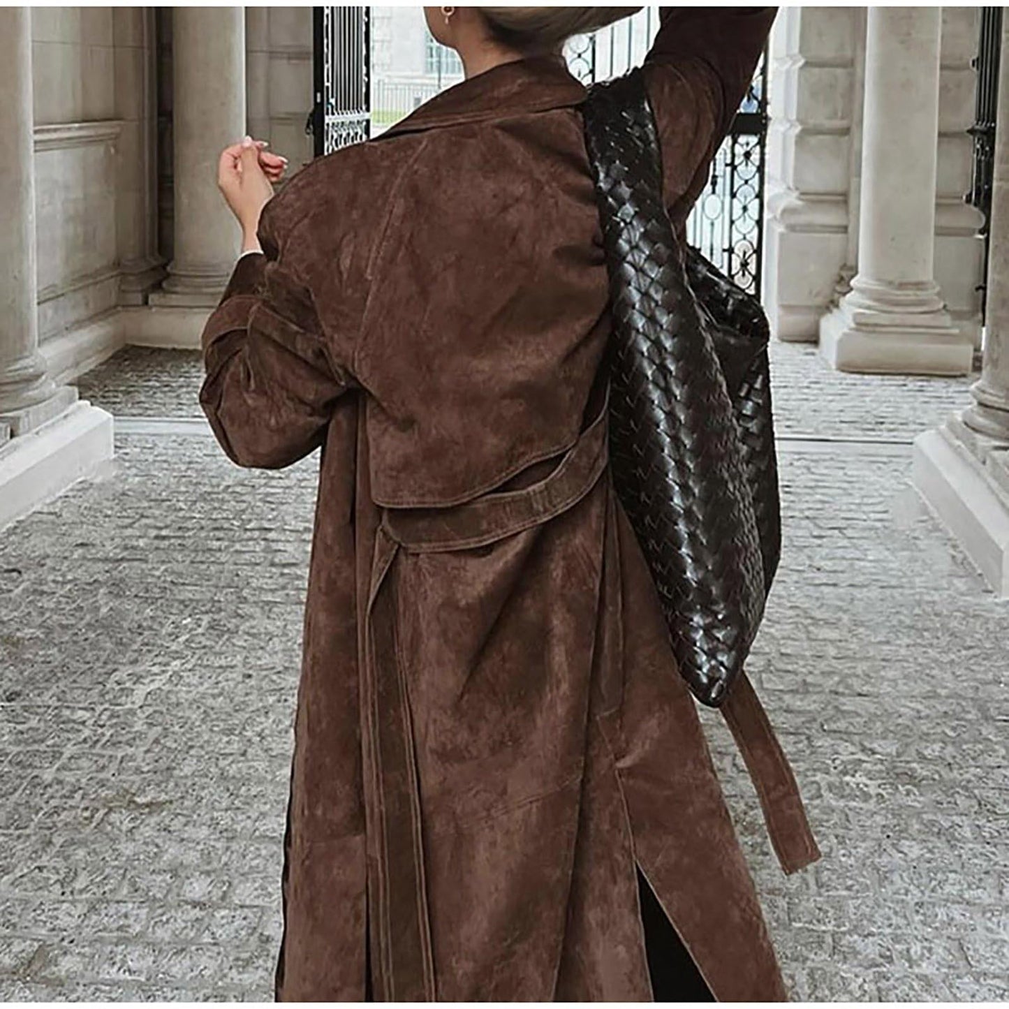 utcoco Womens Faux Suede Long Trench Coat Notched Lapel Double Breasted Pea Coat Overcoat with Belt (Small, Brown)