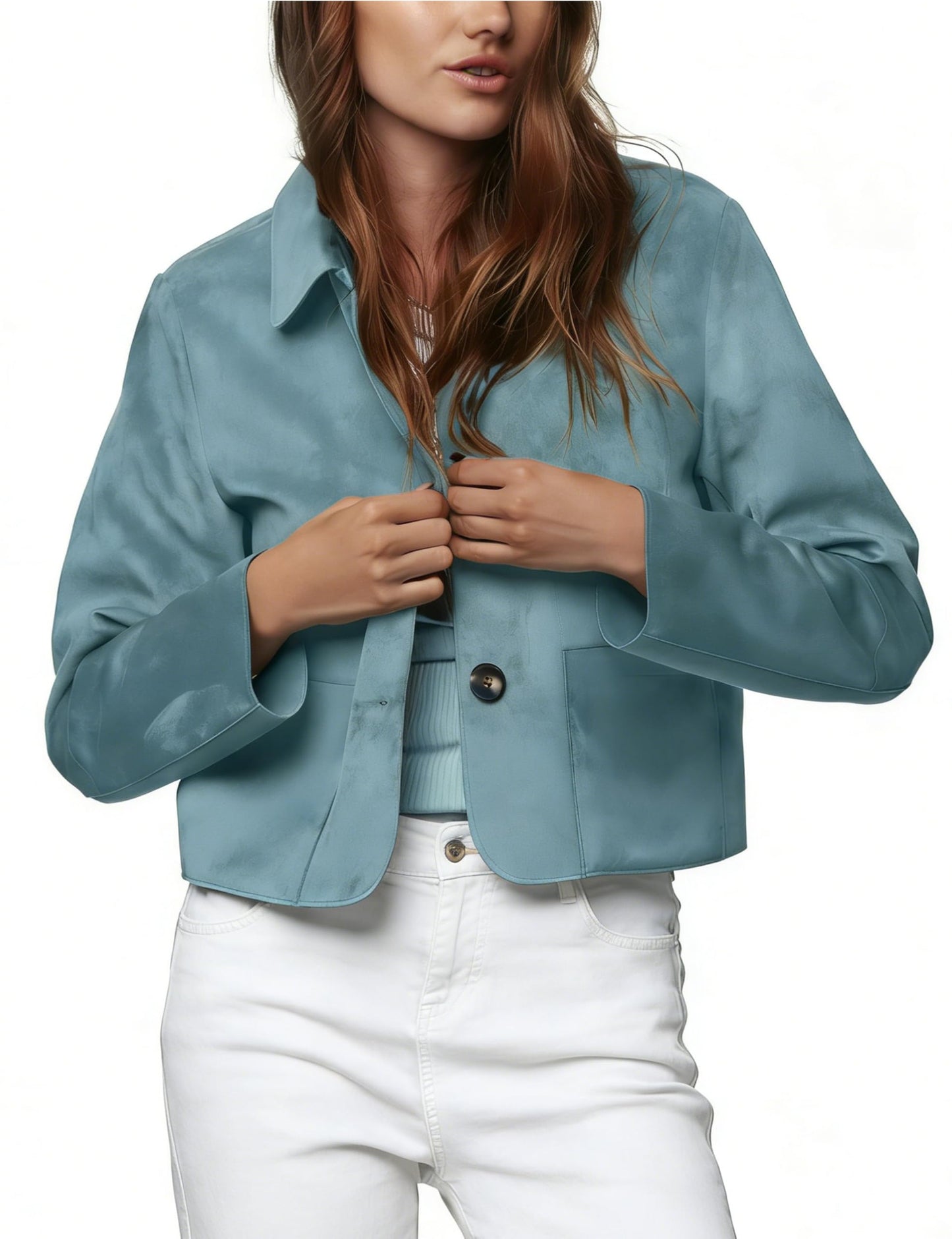 Fhniepan Womens Fall Faux Suede Jacket Long Sleeve Lapel Button Down Bomber Jackets Trendy Going Out Casual Outwear with Pockets(Blue S)