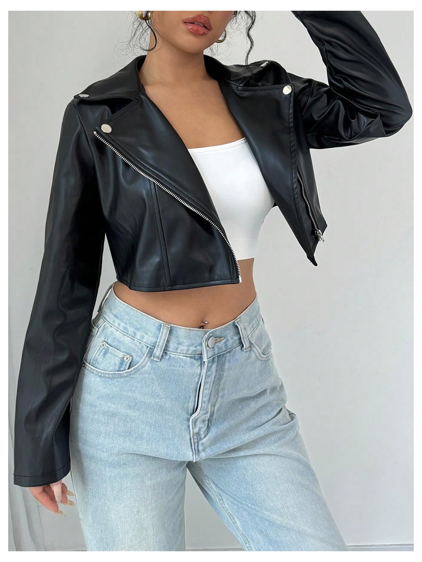 OYOANGLE Women's PU Leather Cropped Jacket Zip Up Motorcycle Jackets Coat Black Small