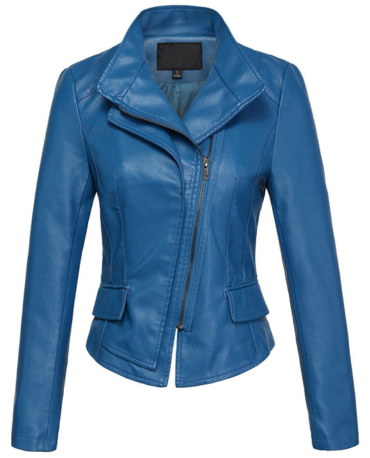 chouyatou Women's Stylish Oblique Zip Slim Faux Leather Biker Outerwear Jacket (Small, Blue)