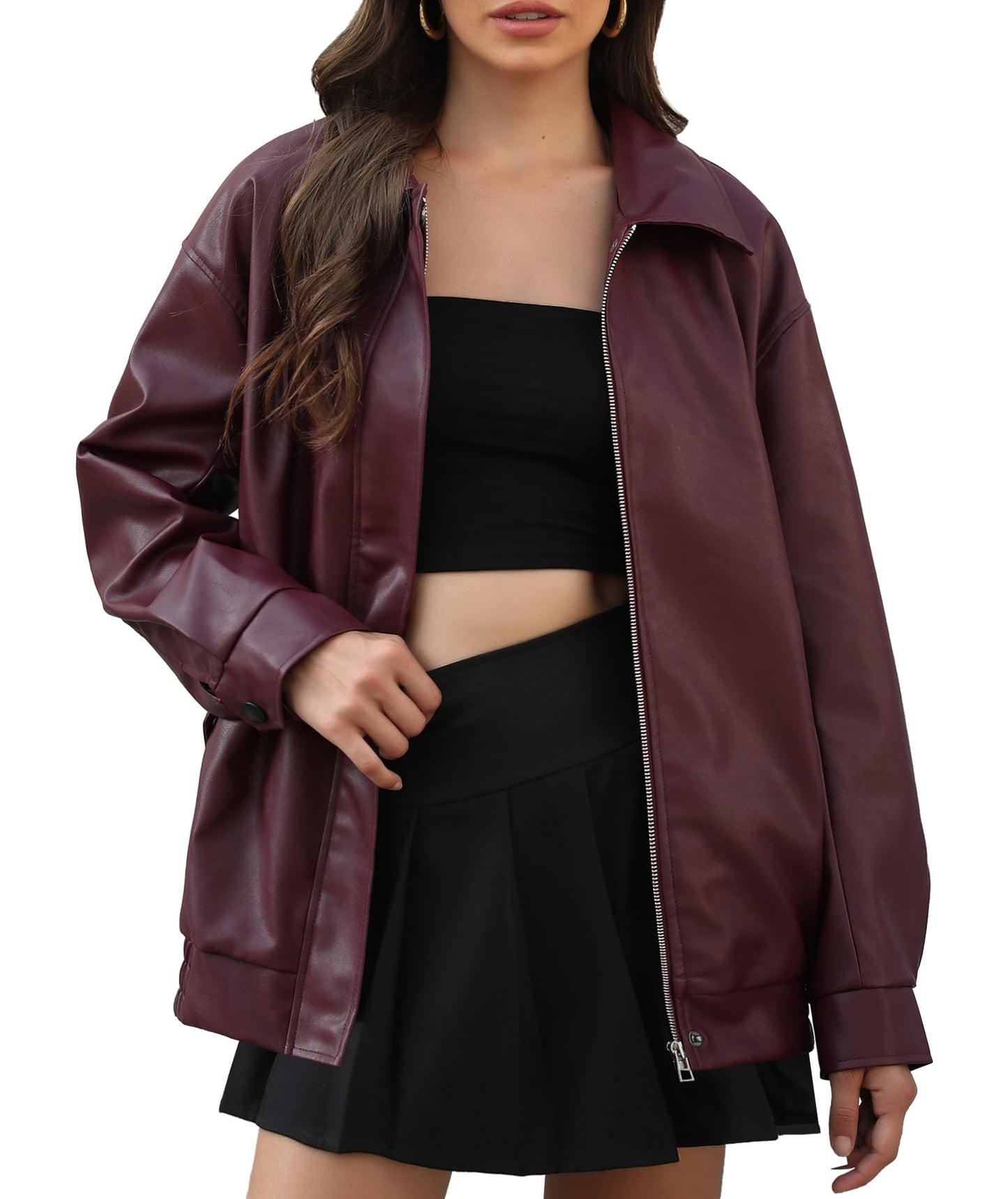 Casly Lamiit Faux Leather Jacket Women 2025 Trendy Motorcycle Oversized Coats Zip Up Bomber Jackets Casual Fashion Outfits Burgundy S