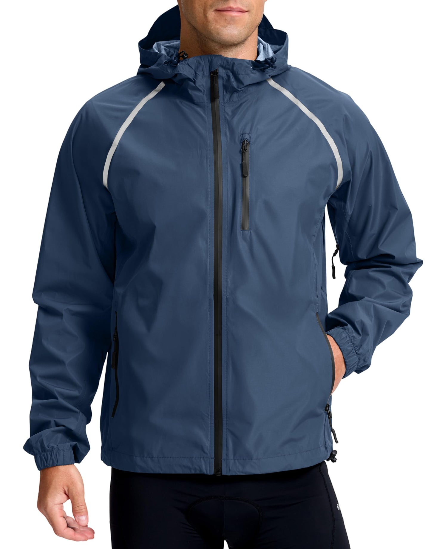 Bikewa Men's Cycling Rain Jackets Waterproof Running Bike Windbreaker Hooded Reflective Biking Windproof Bicycle Riding(Navy,L)