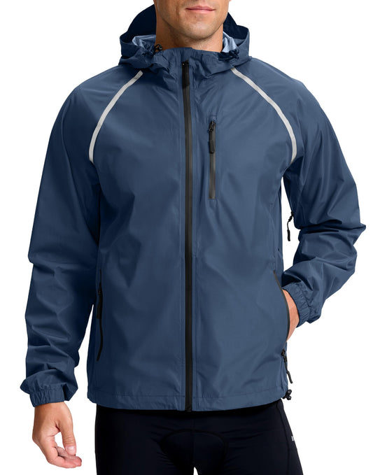 Bikewa Men's Cycling Rain Jackets Waterproof Running Bike Windbreaker Hooded Reflective Biking Windproof Bicycle Riding(Navy,L)