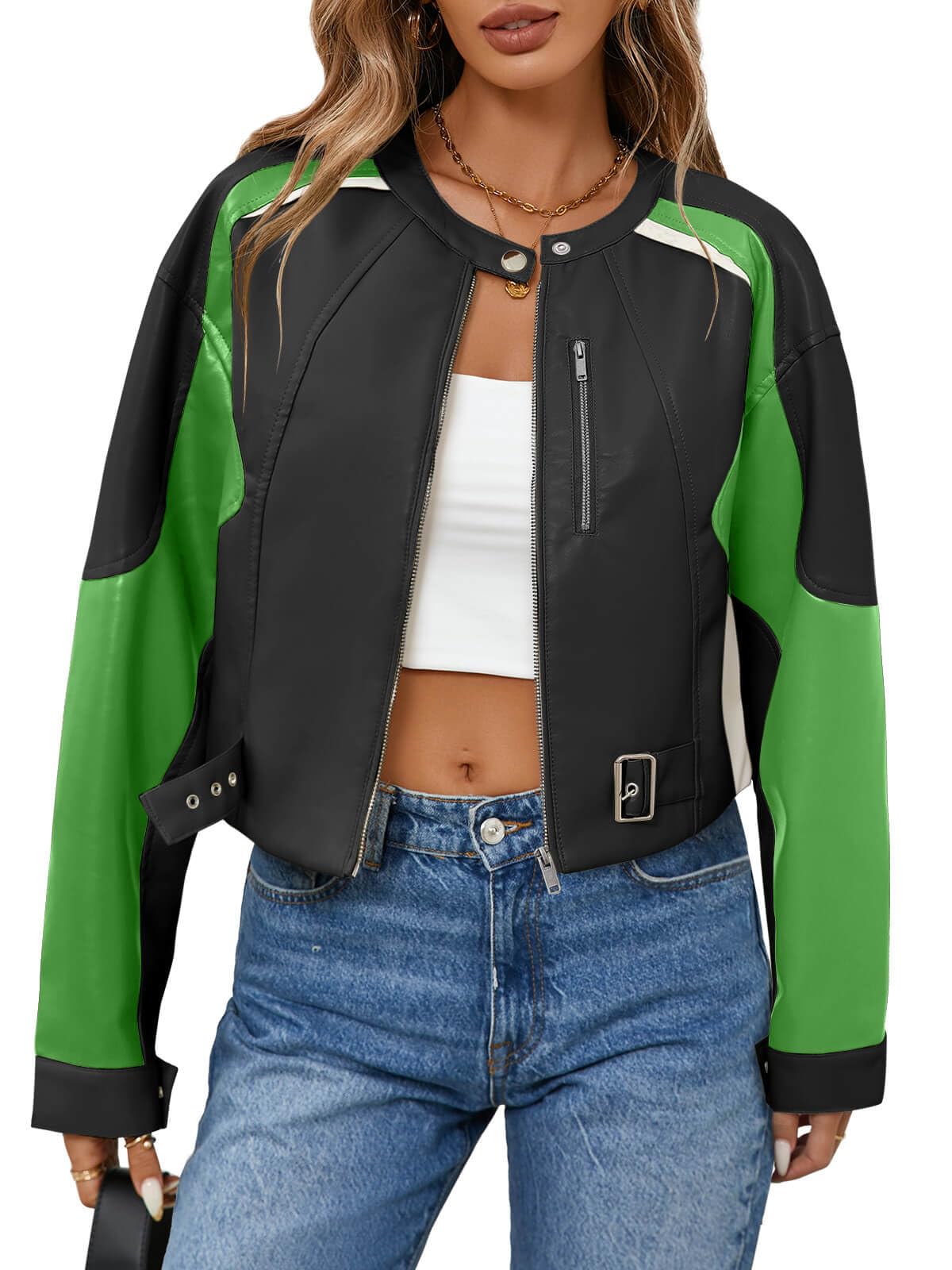 Tankaneo Womens Faux Leather Bomber Jackets Cropped Zip Up Color Block Fall Casual Moto Biker Coats