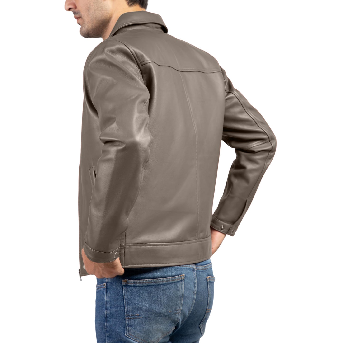 Jild Polo Collar Premium Leather Jacket Men - Old School Classic Style Everyday Wear Real Lambskin Mens Leather Jacket (Polo-Grey-M)