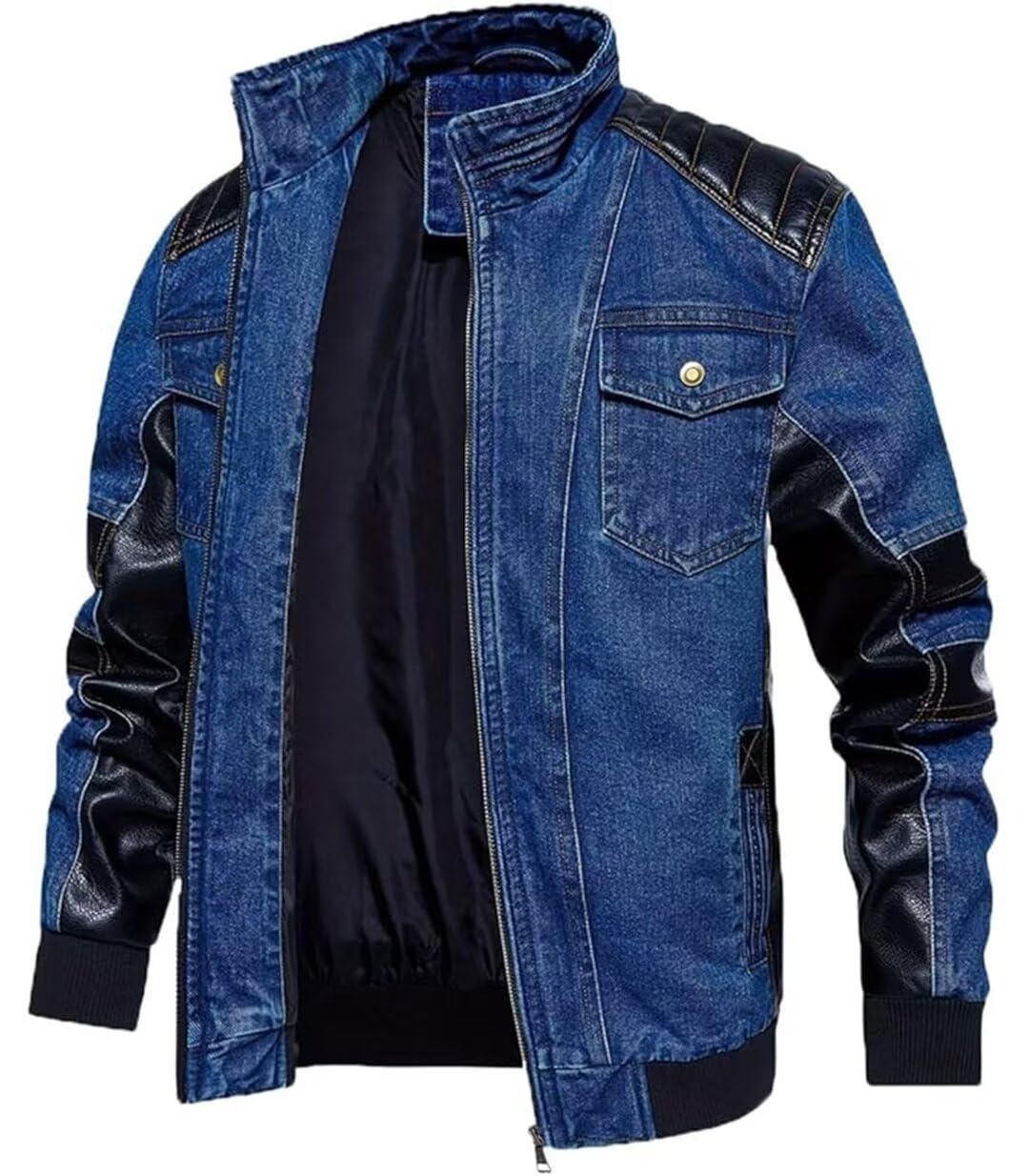 FTIMILD Men's Vintage Denim Jacket Casual Windproof Biker Jacket Jean Jacket with Faux Leather Patchwork