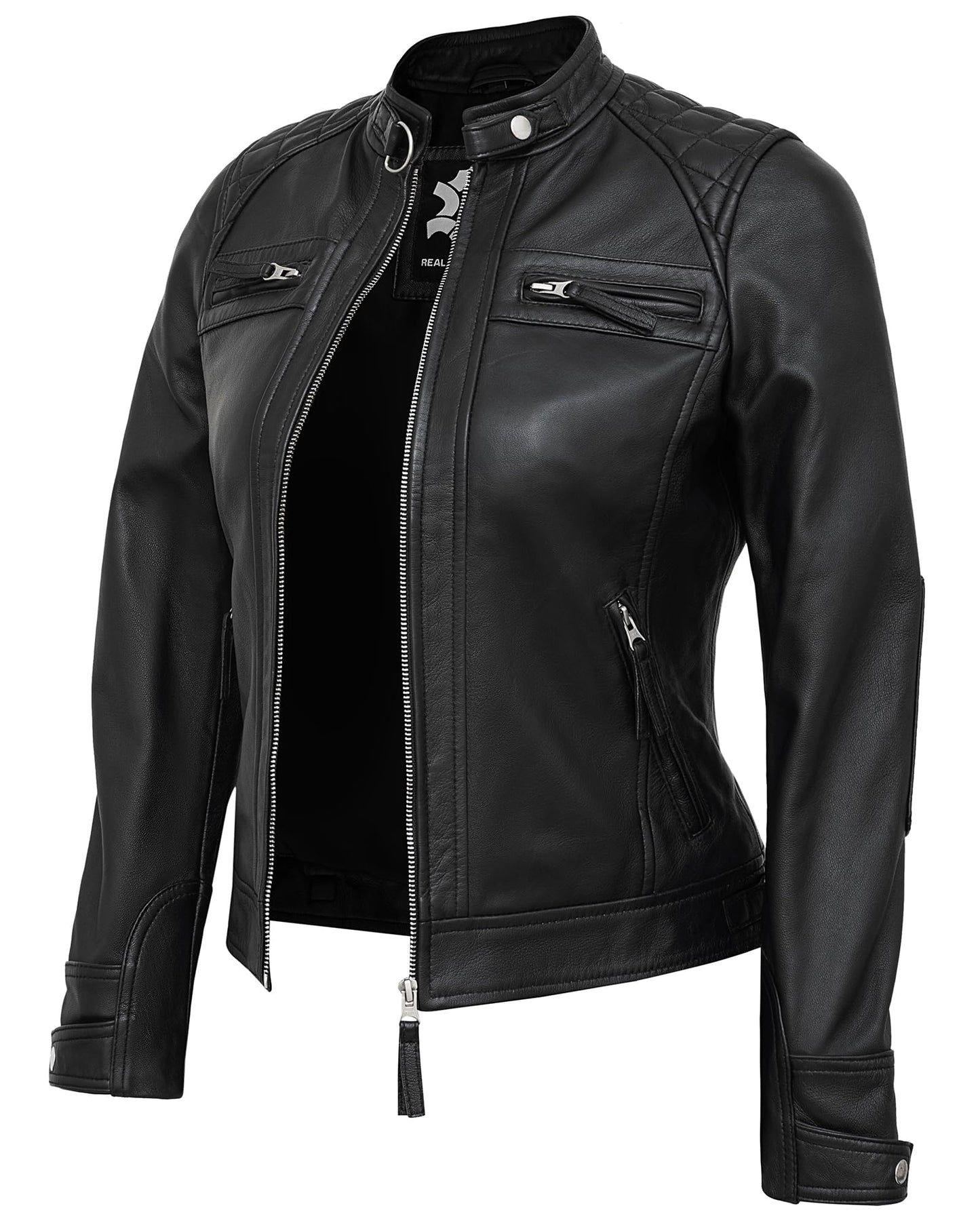 UrbanFocal Womens Leather Jacket Black - Real Lambskin Leather Motorcycle Jackets Women | [101002705] Black Diamond1, XL