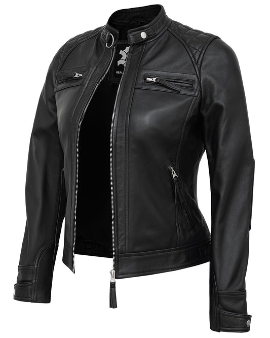 UrbanFocal Womens Leather Jacket Black - Real Lambskin Leather Motorcycle Jackets Women | [101002705] Black Diamond1, XL