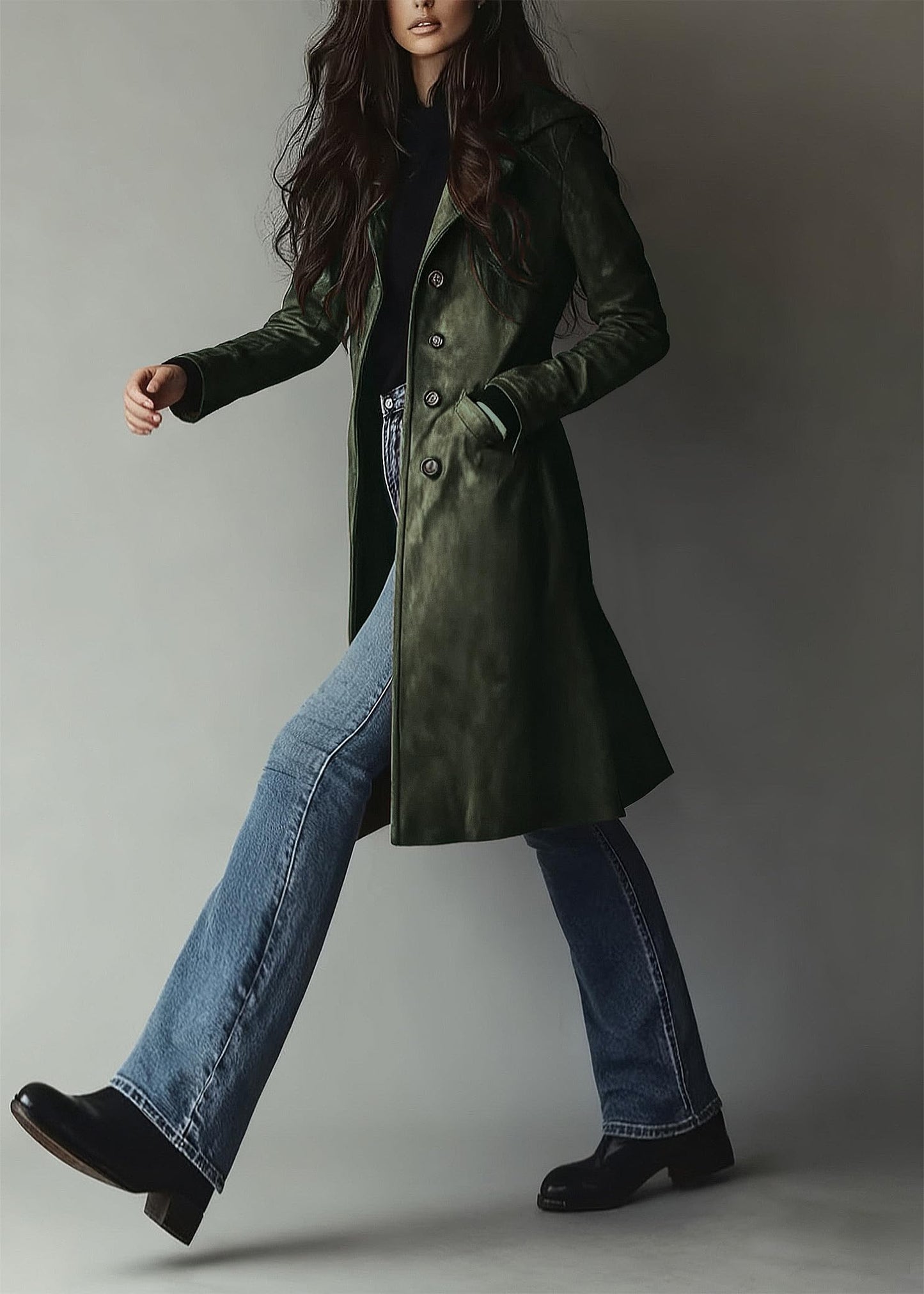 utcoco Womens Long Suede Trench Coat Single Breasted Leather Trench Overcoat with Pocket (X-Small, Army Green)