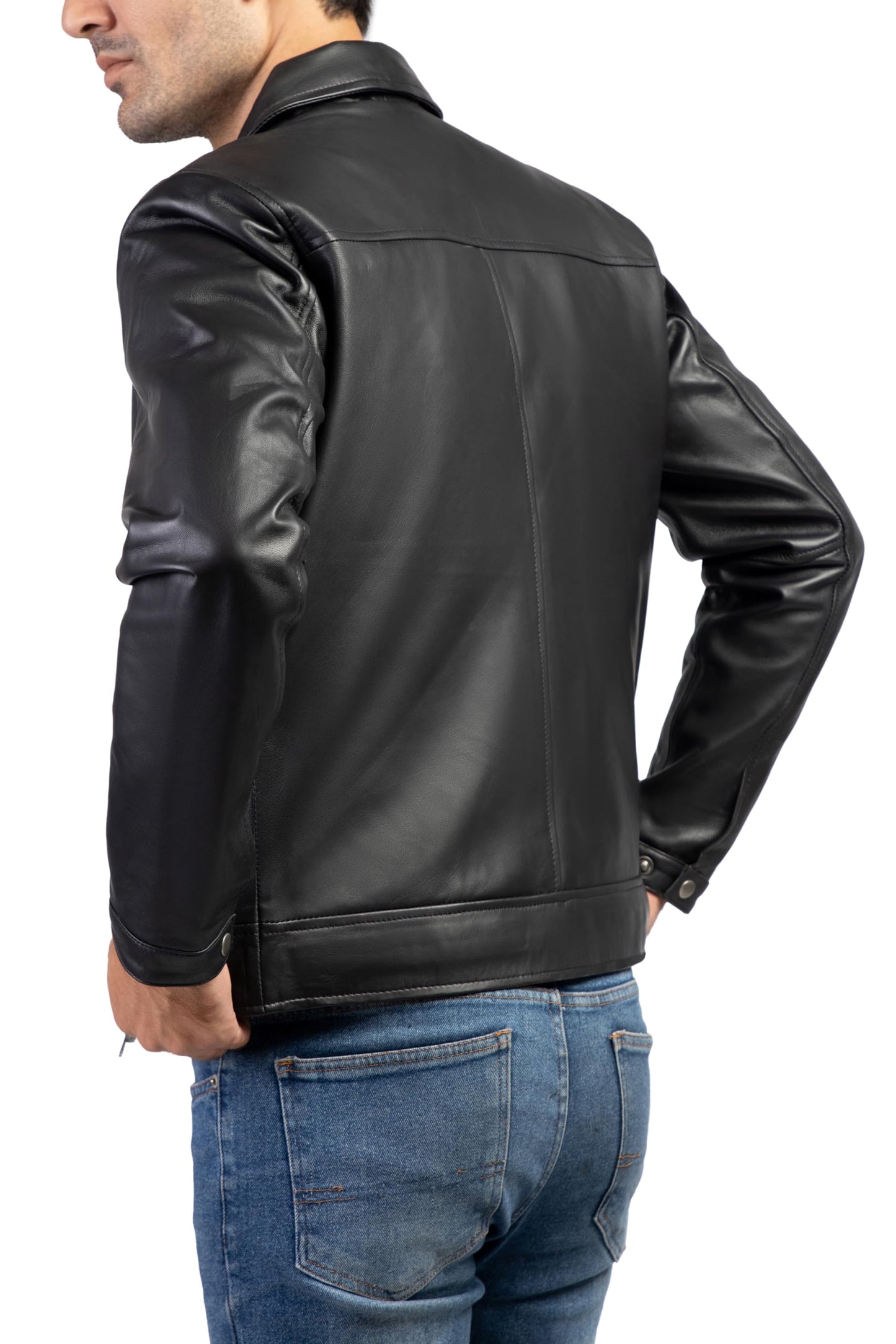 Jild Polo Collar Premium Leather Jacket Men - Old School Classic Style Everyday Wear Real Lambskin Mens Leather Jacket (Polo-Blk-M)