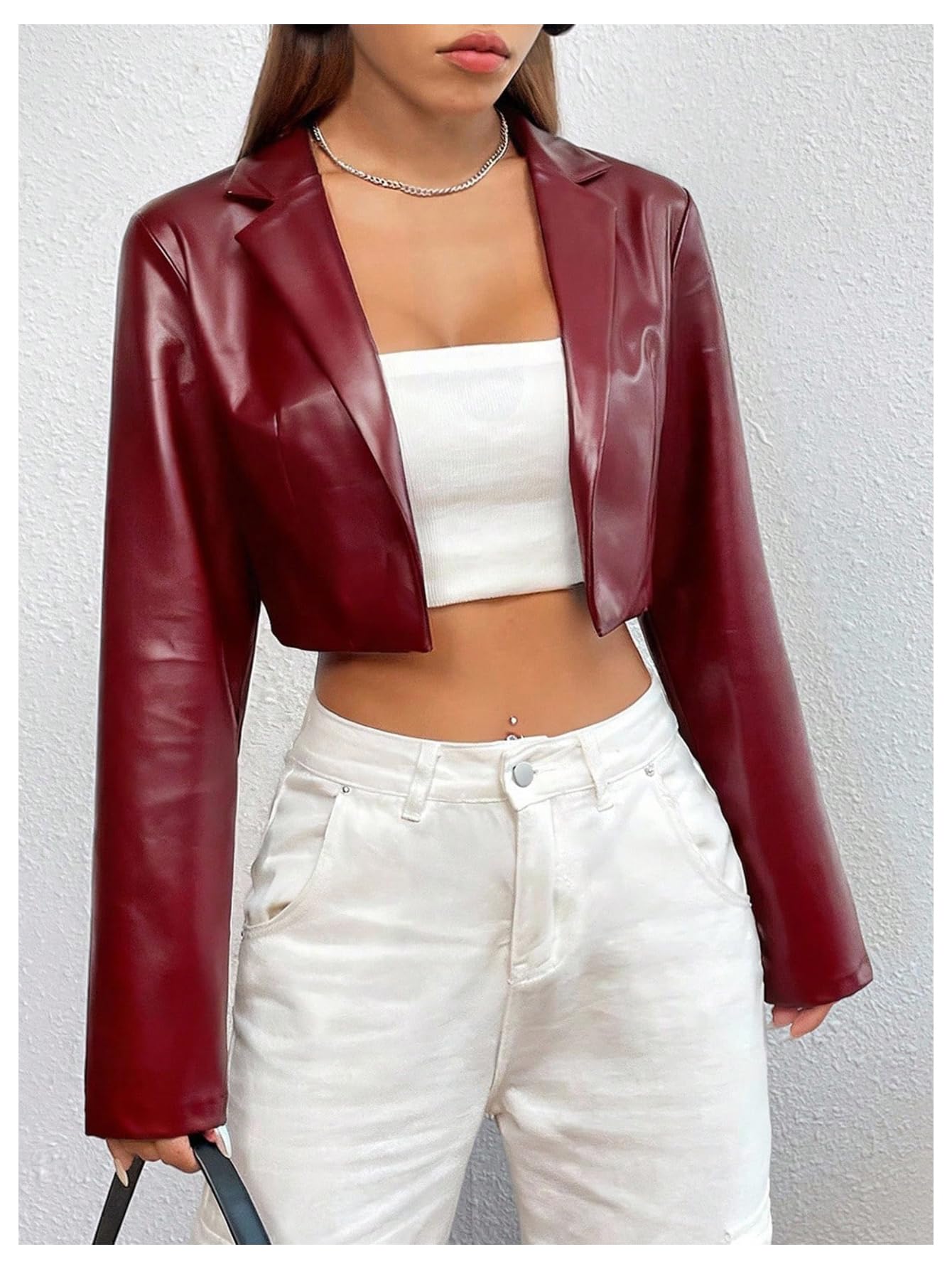 GORGLITTER Women's Cropped Faux Leather Jacket Y2k Long Sleeve Open Front Cardigan Bomber Moto Biker Jackets Rave Outfits Burgundy Small