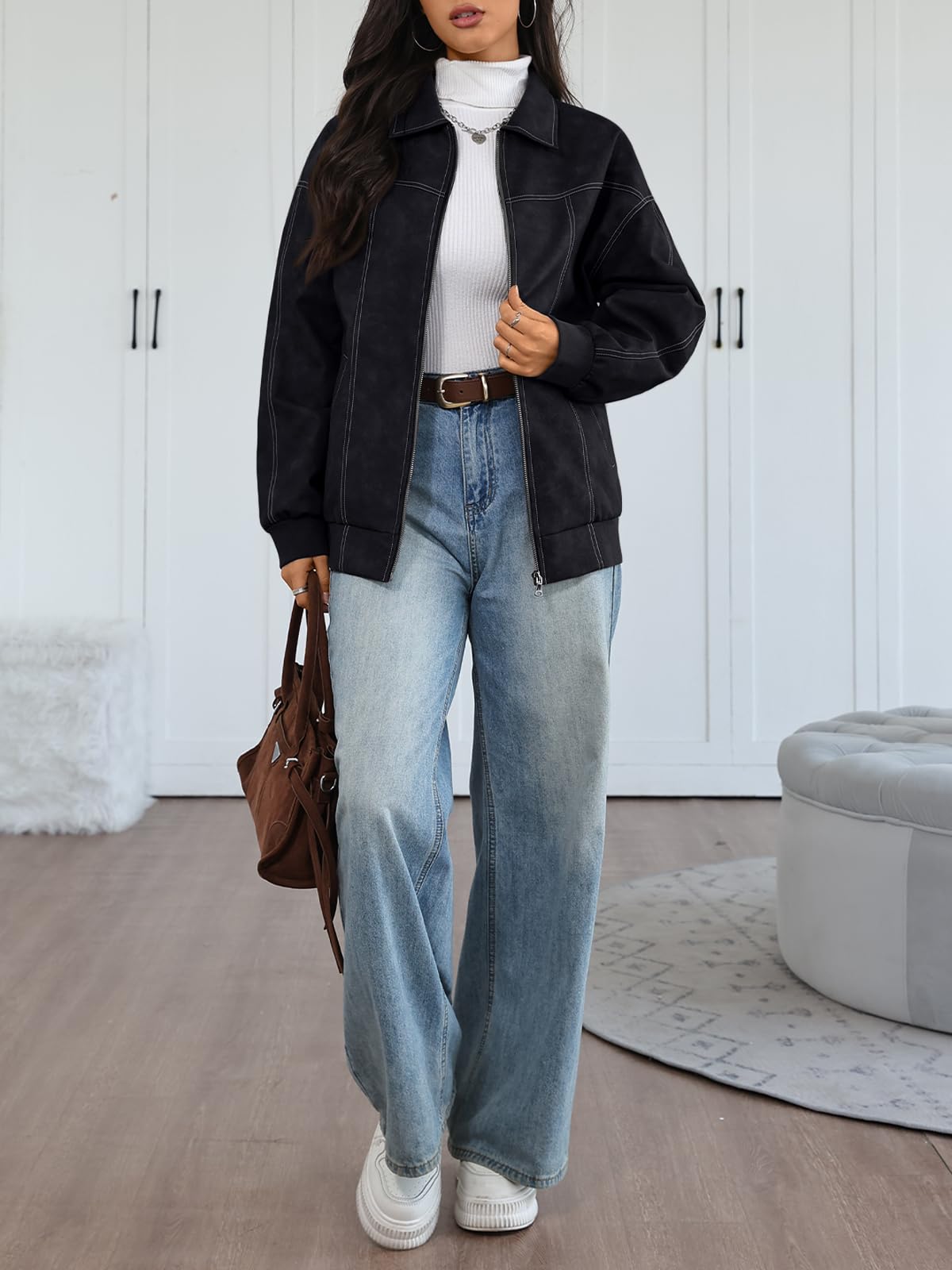 Trendy Queen Womens Leather Jackets Oversized Zip Up Motorcycle Bomber Jackets Fall Fashion Outfits Winter Clothes 2026 Black S