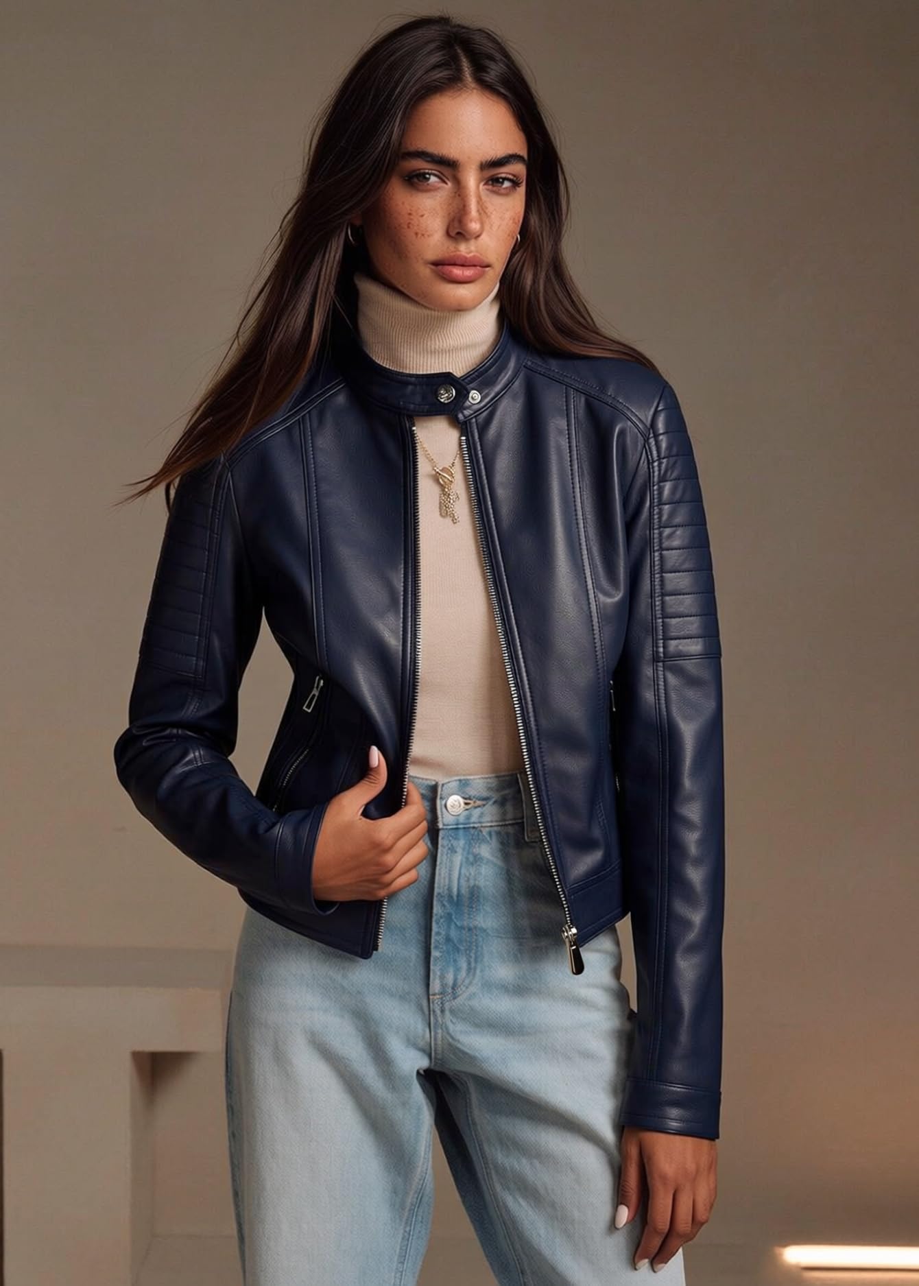Pallivare Women's Faux Leather Jacket Spring Motorcycle Biker Clothes Outfits Short Fashion PU Slim Coat SKT1308 Dark Blue L