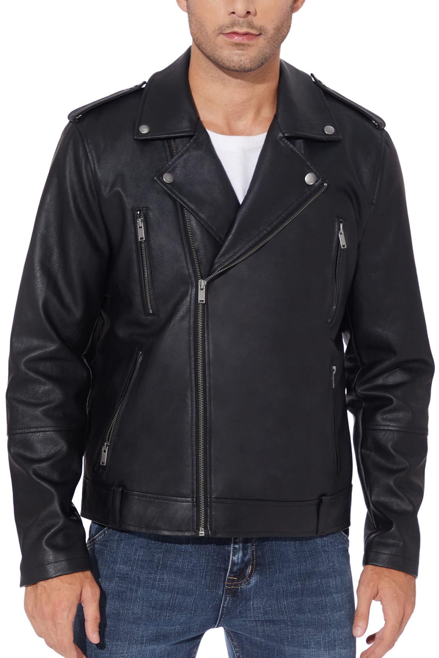 Fahsyee Leather Jackets for Men, Faux Bomber Jacket Mens Motorcycle Lapel Zip-Up Belt Slim Fit Biker Coat Black M