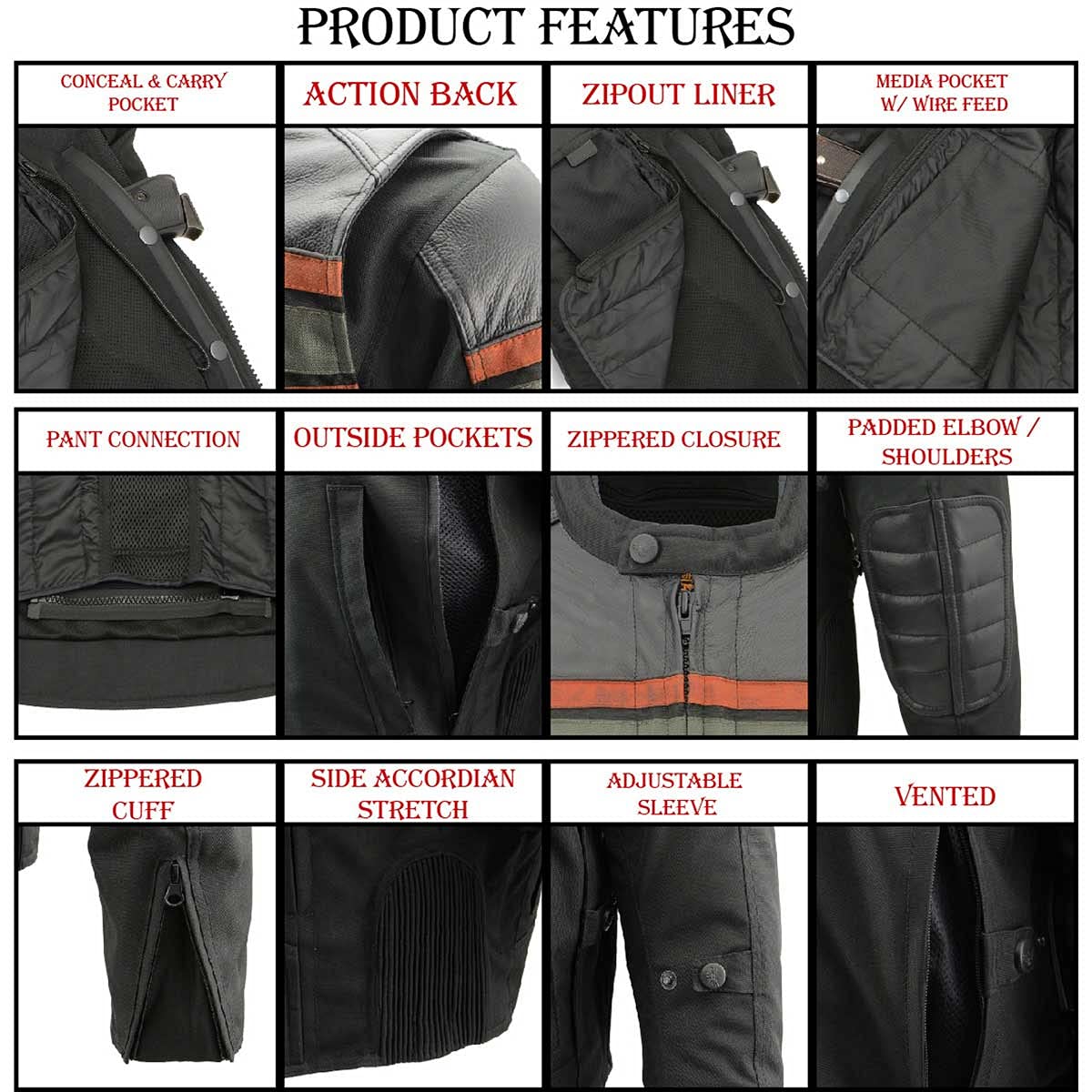 Milwaukee Leather MPM1751 Men's 'Burnt Orange' Leather and Textile Armored Jacket - Large,Black