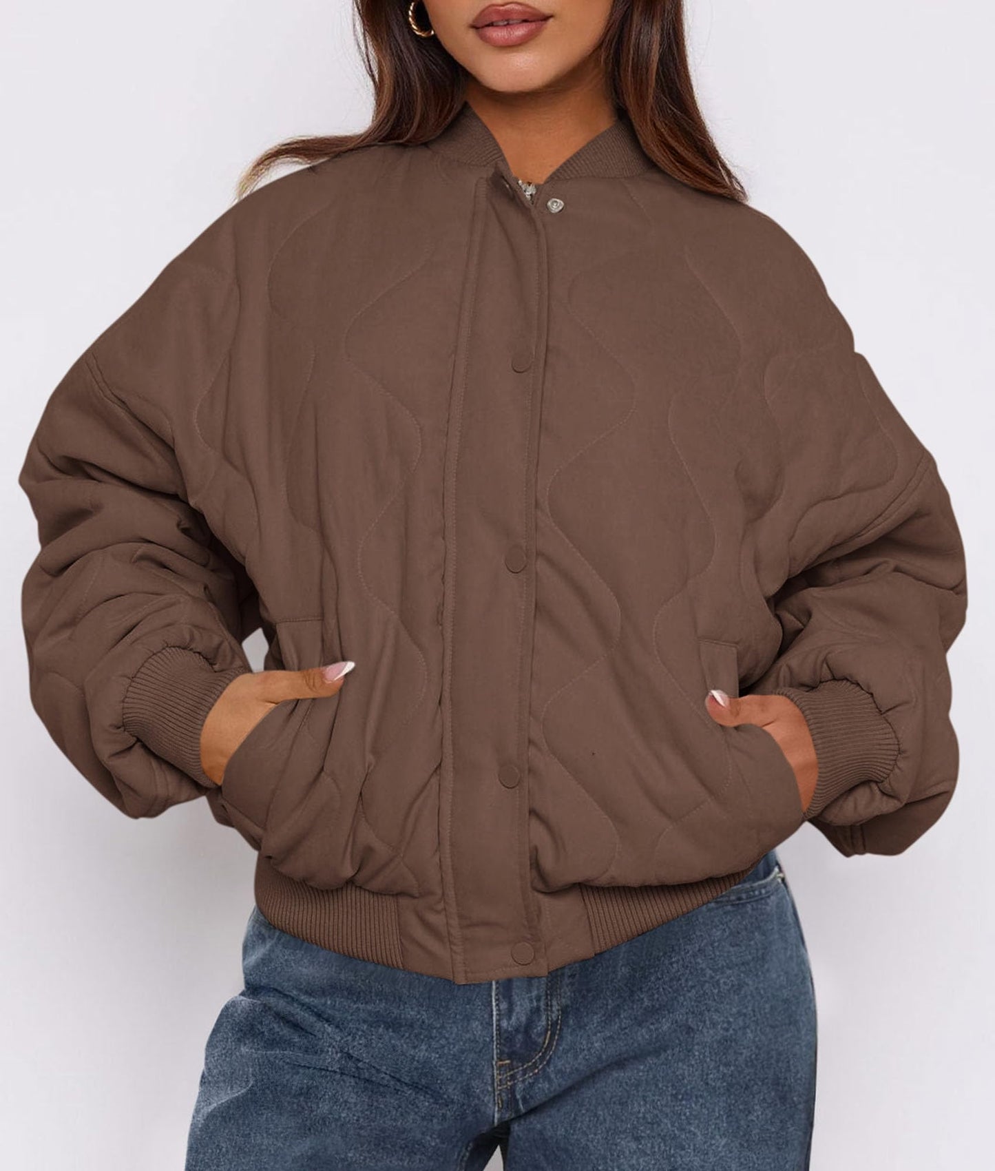 PRETTYGARDEN Women's Quilted Bomber Jacket Fall Fashion 2026 Lightweight Cropped Zip up Outerwear Winter Puffer Coats Pockets (Brown,Large)