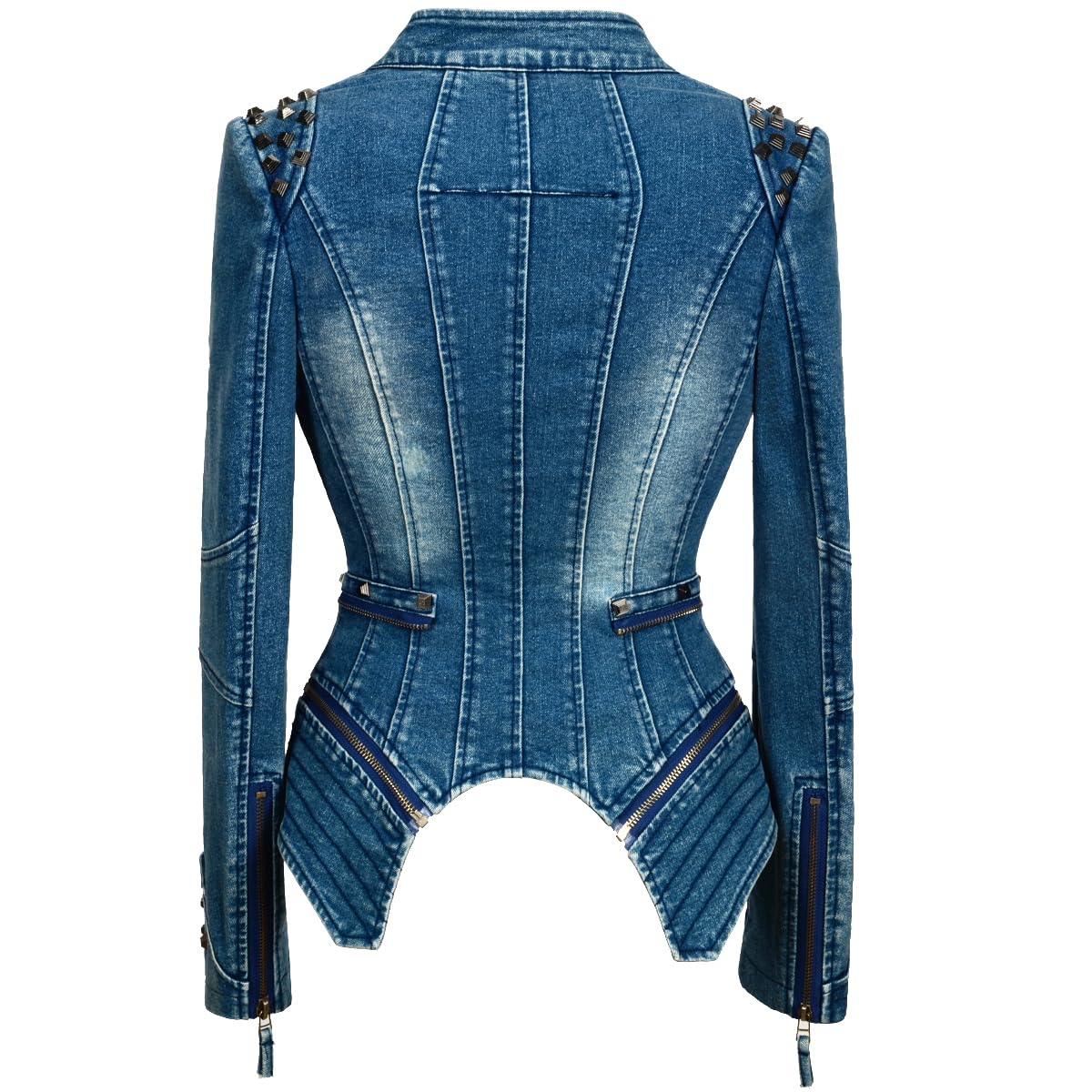 Fashion SX Womens Rivet Faux Leather Jacket Zipper Moto Biker Denim coat Motorcycle Outwear (S, Blue)