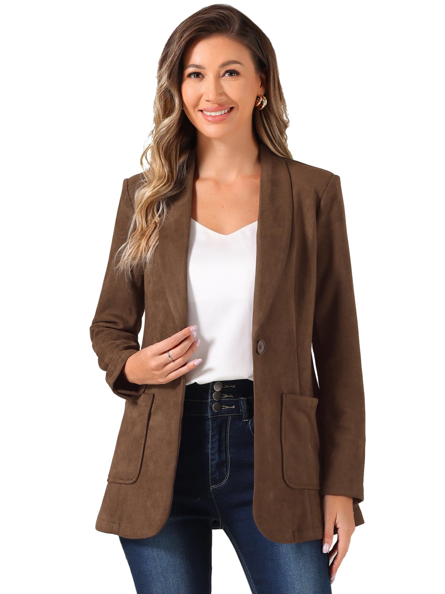 Allegra K Faux Suede Blazer for Women's Lapel Collar One Button Dressy Suit Jacket Small Brown