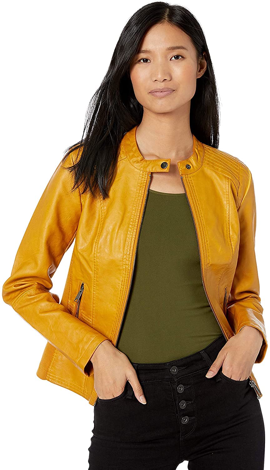 Sebby Collection Women's Faux Leather Jacket with Moto Details and Front Zip Pockets, Yellow, 1X
