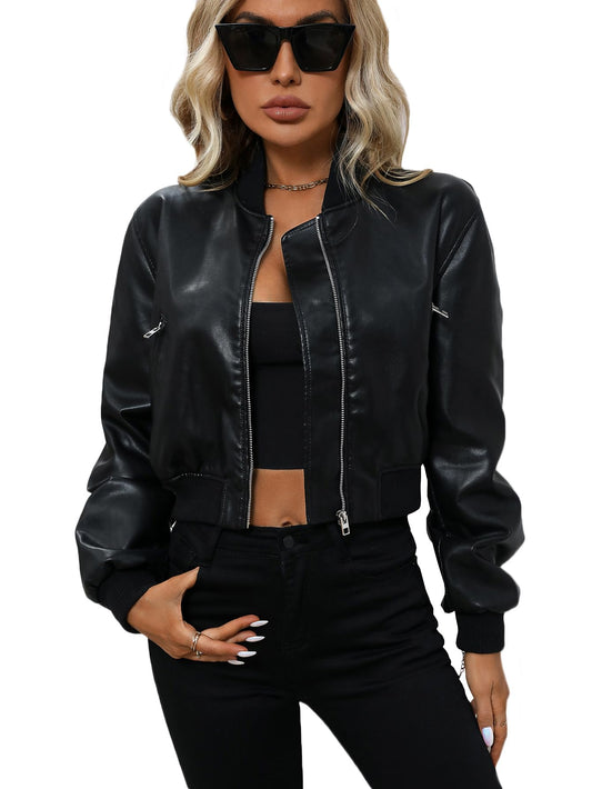 LY VAREY LIN Womens Faux Leather Varsity Jacket Biker Baseball Streetwear Casual Coat(Black,XL)