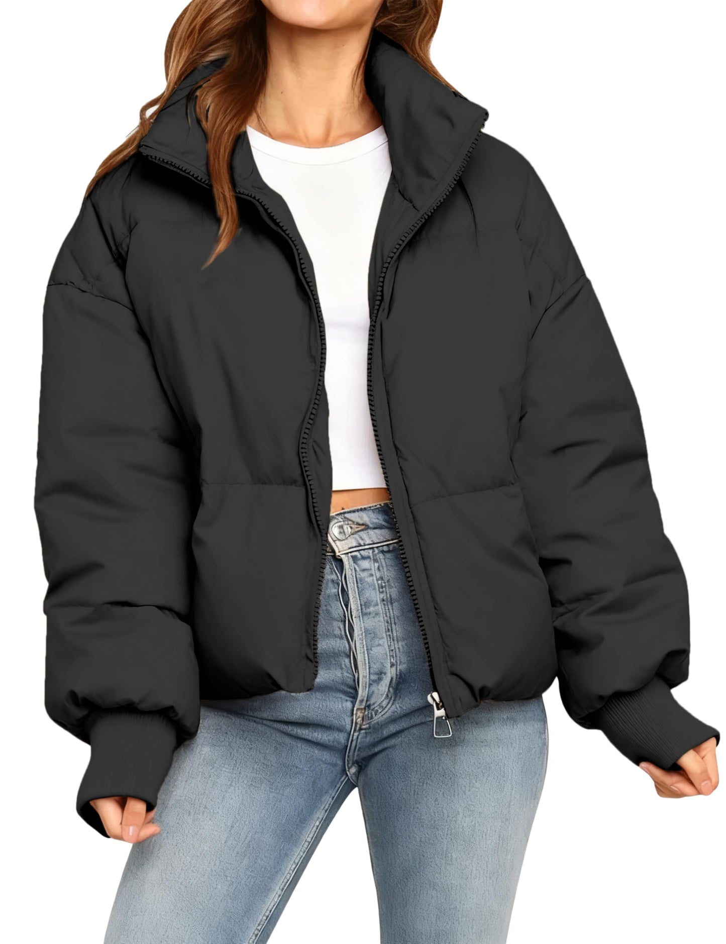 MaShinequang Womens Cropped Black Puffer Jacket Zip Up Quilted Padded Coat Outwear with Pockets (Black, Large)