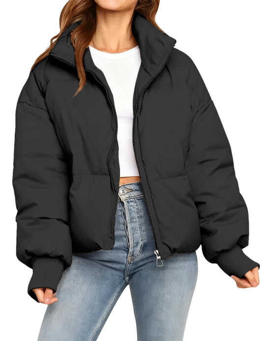 MaShinequang Womens Cropped Black Puffer Jacket Zip Up Quilted Padded Coat Outwear with Pockets (Black, Large)
