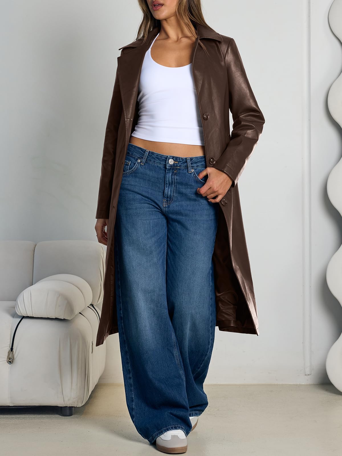 Trendy Queen Womens Brown Long Leather Jackets Trench Dress Pea Coats Peacoat Winter Fall Blazer Suit 2026 Faux Ladies Breasted Casual Warm Waterproof Outfits Clothes Clothing Oversized XL