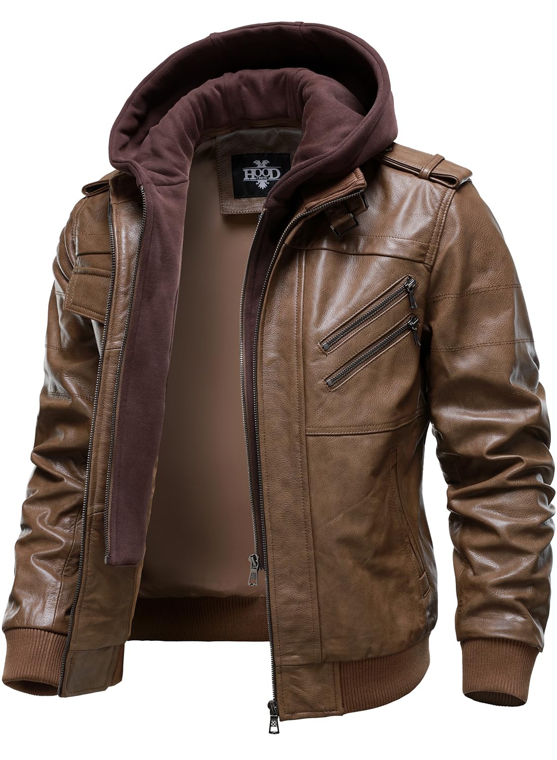 HOOD CREW Men’s Genuine Cowhide Leather Jacket Black Hooded Motorcycle Biker Jacket for Men
