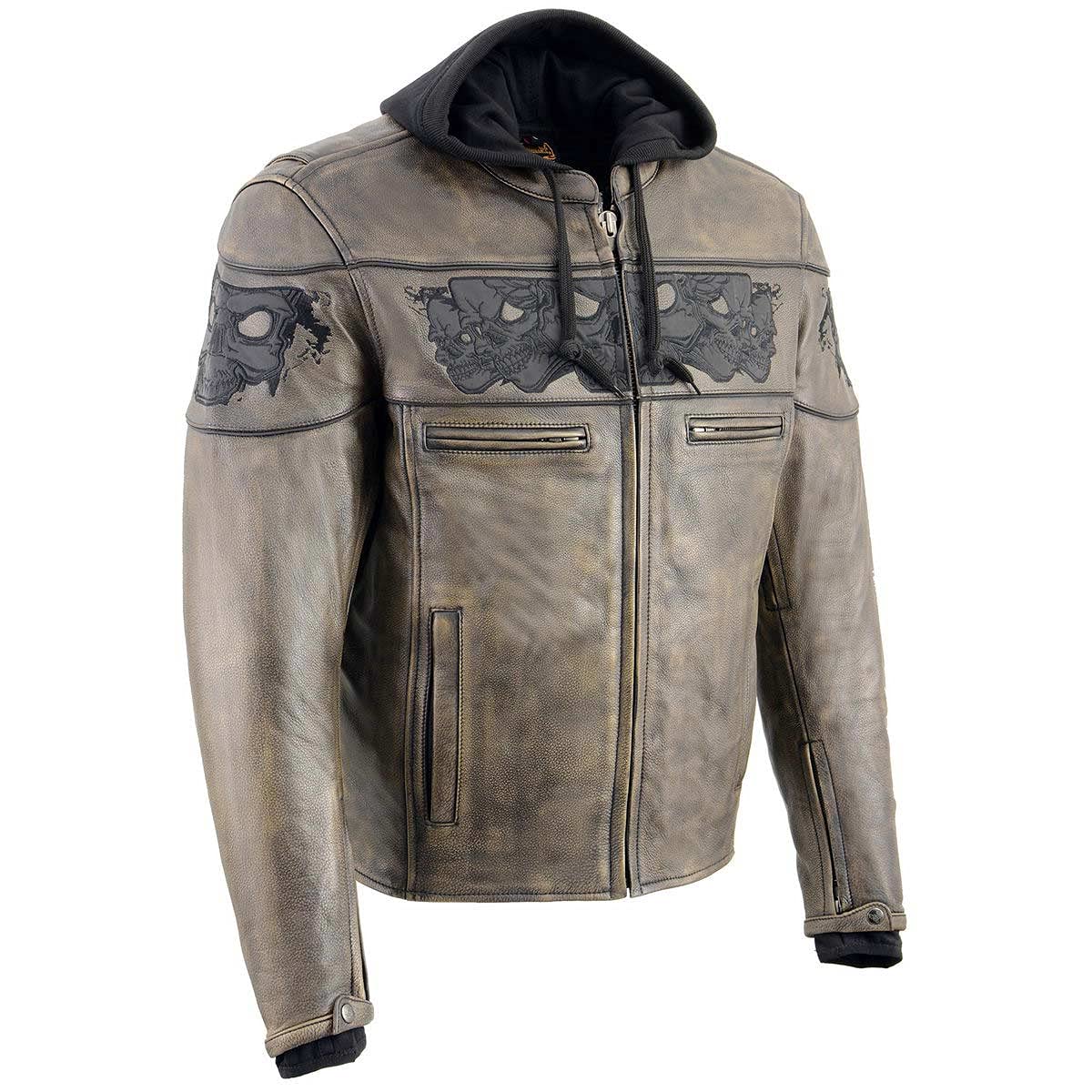 Milwaukee Leather MLM1561 Men's Distressed Brown Leather Jacket with Reflective Skulls - Small