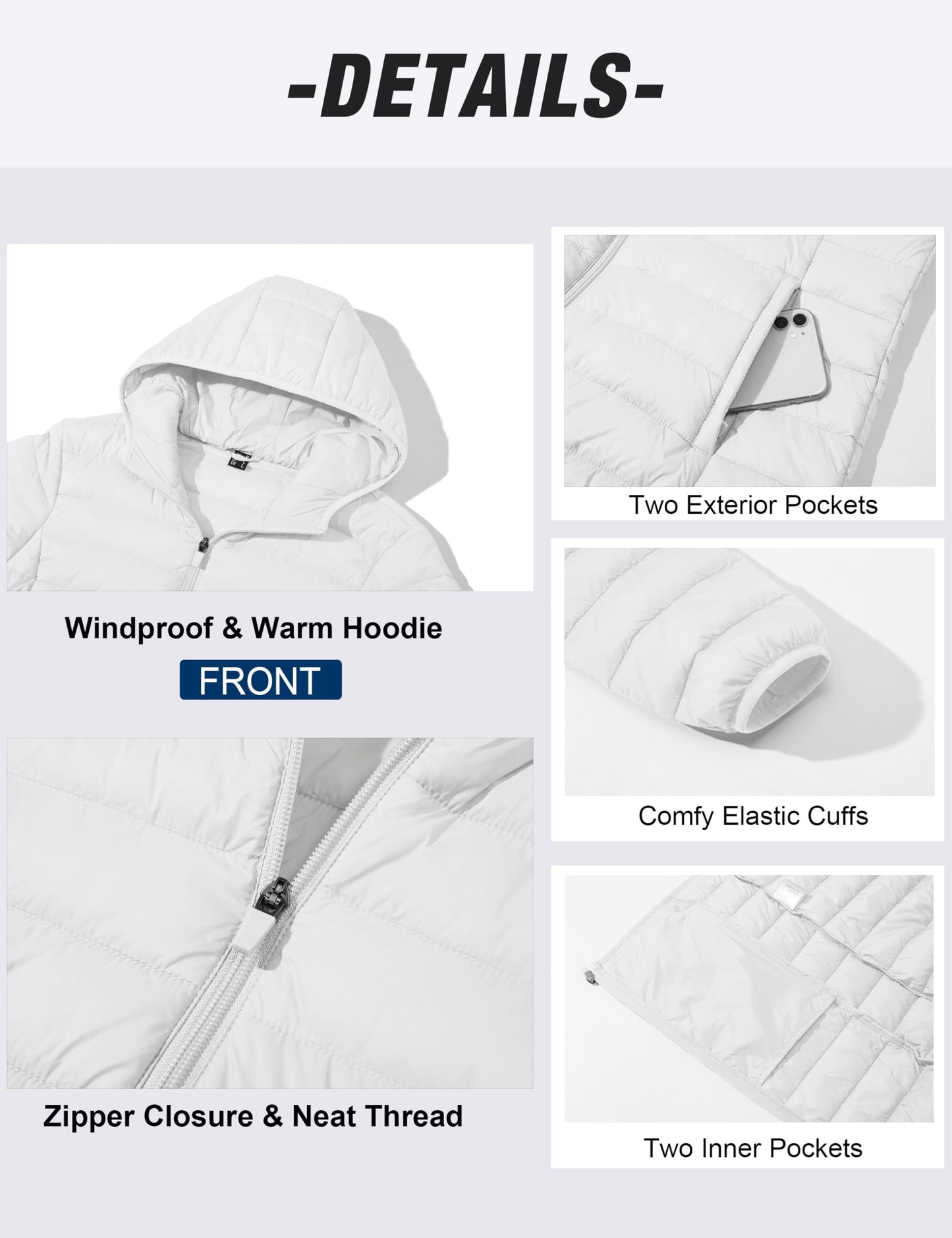 MAGCOMSEN Puffer Jacket for Women with Hood Lightweight Quilted Padded Jacket 4 Pockets Full Zip Long Sleeve Coat, White L